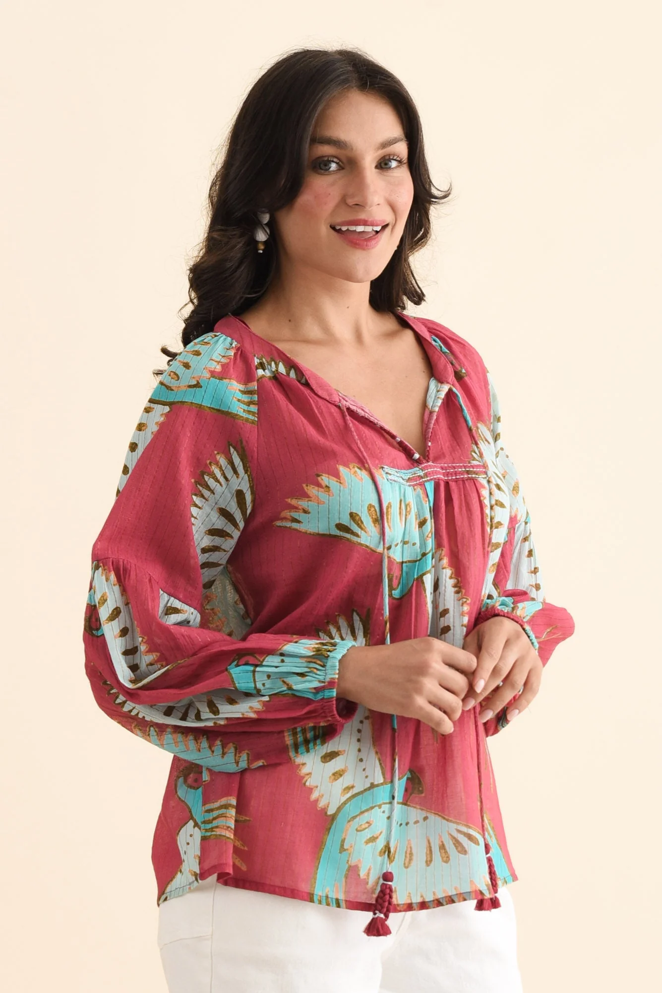 Lorrini Red Bird Cotton Tassel Top - Image 3
