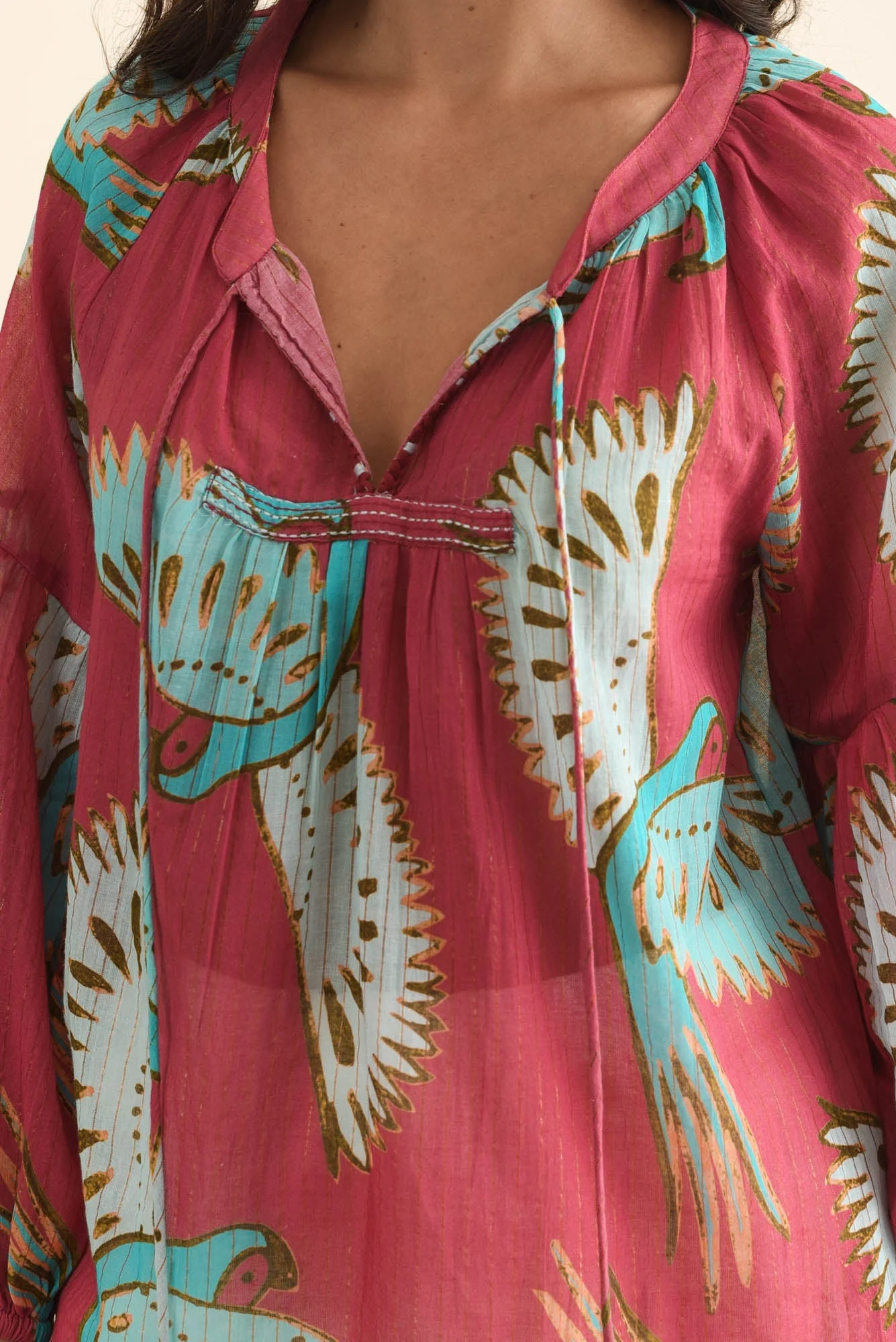 Lorrini Red Bird Cotton Tassel Top - Image 5