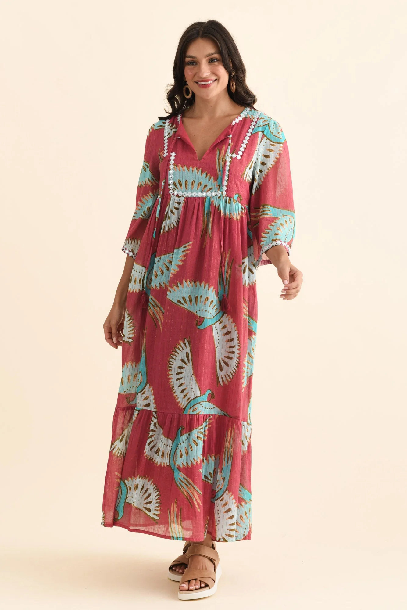 Lorrini Red Bird Cotton Tier Dress - Image 2