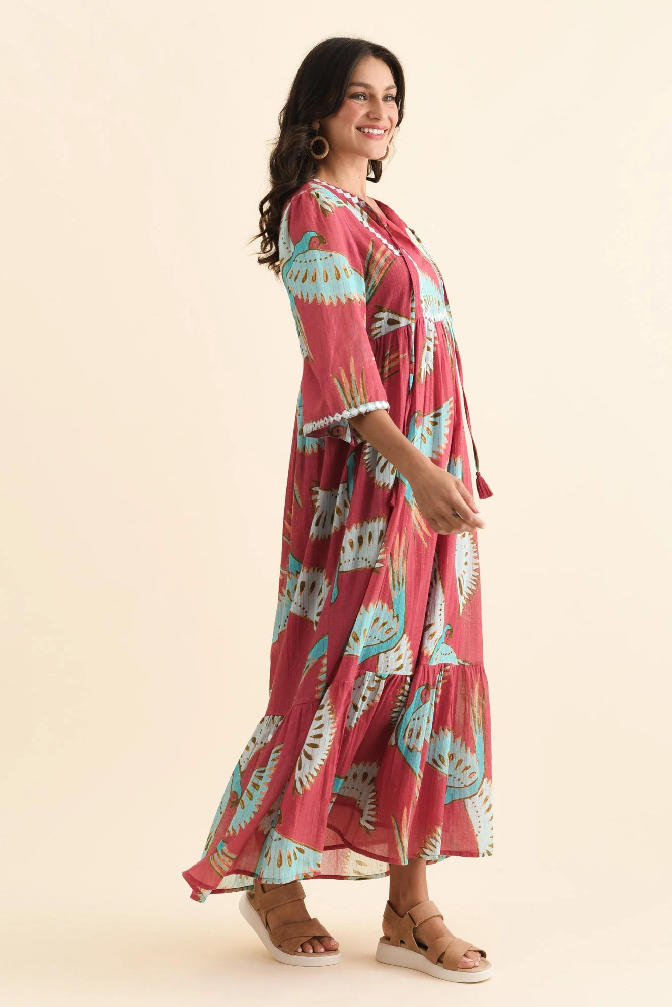 Lorrini Red Bird Cotton Tier Dress - Image 3