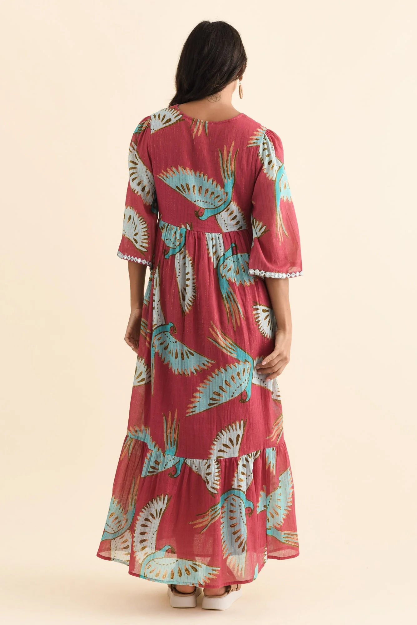 Lorrini Red Bird Cotton Tier Dress - Image 4