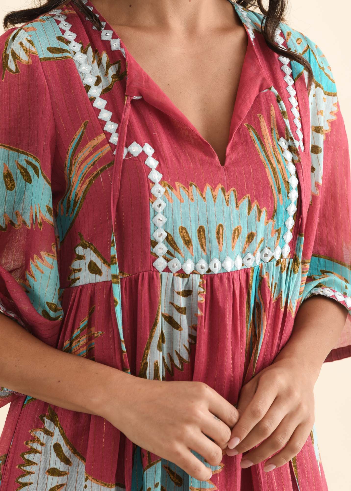 Lorrini Red Bird Cotton Tier Dress - Image 5