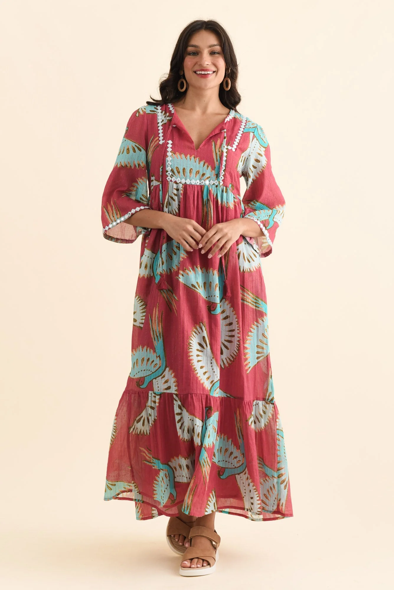 Lorrini Red Bird Cotton Tier Dress - Image 6