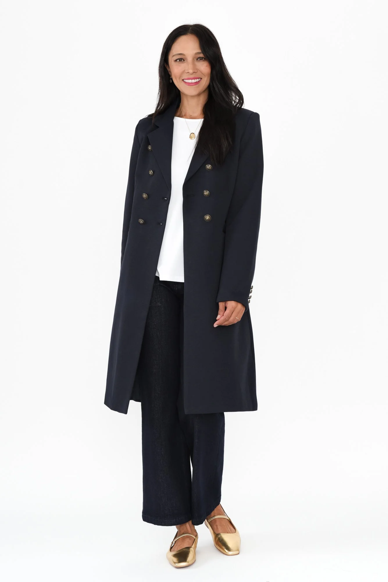 Louise Navy Collared Button Coat - Image 2
