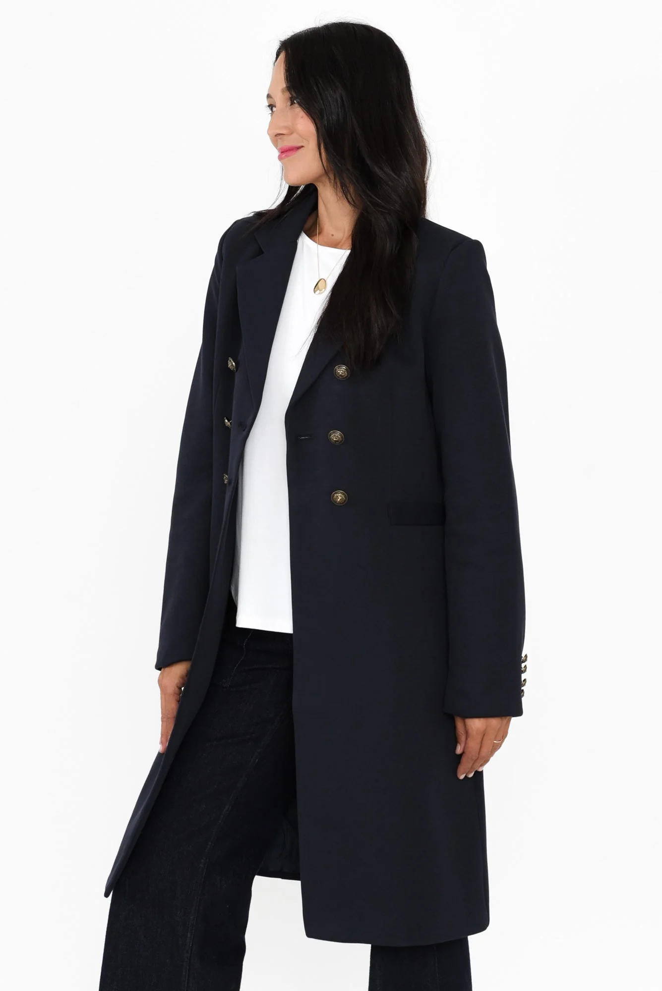 Louise Navy Collared Button Coat - Image 3