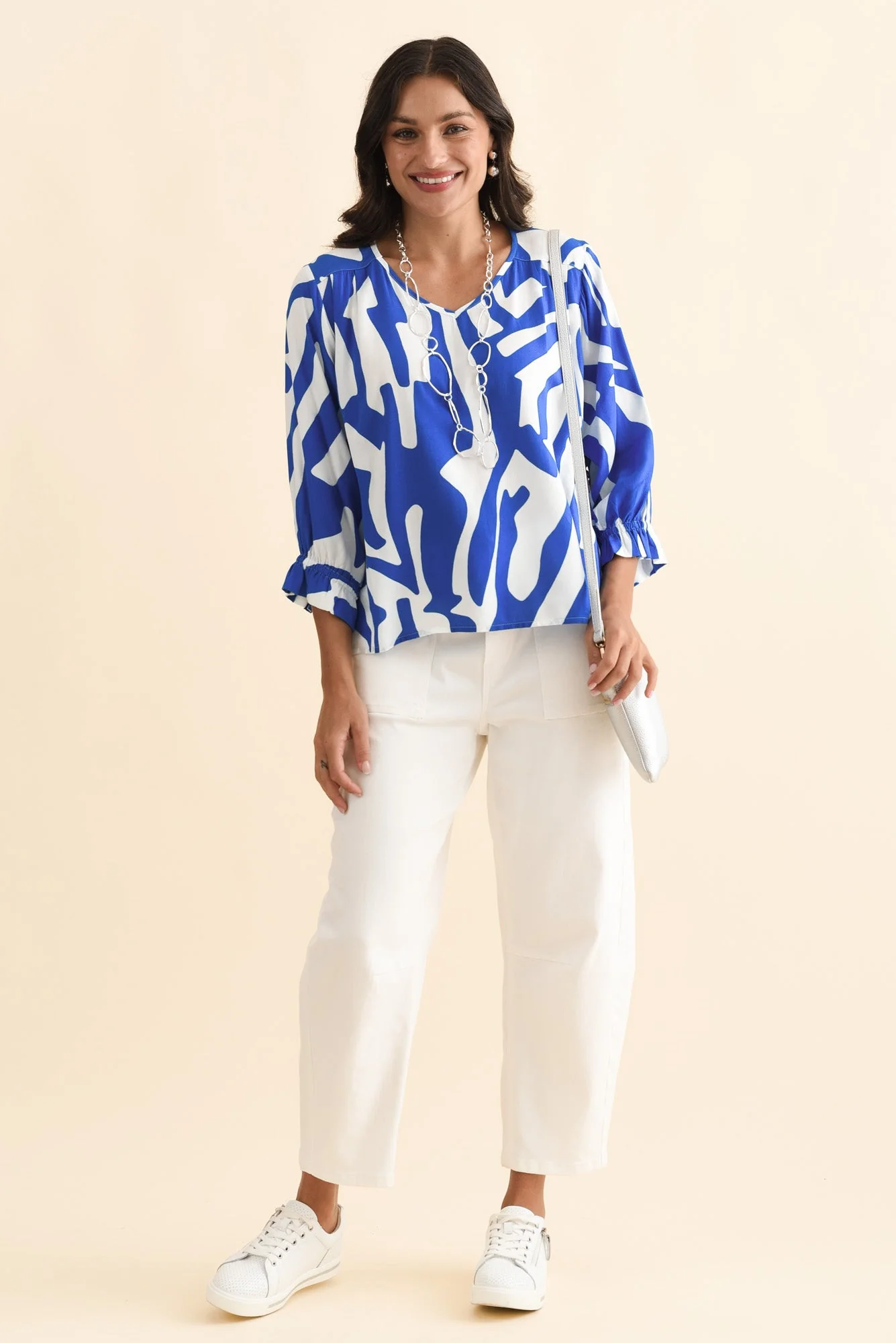 Lourdes Blue Geo Frill Sleeve Top - Image 2