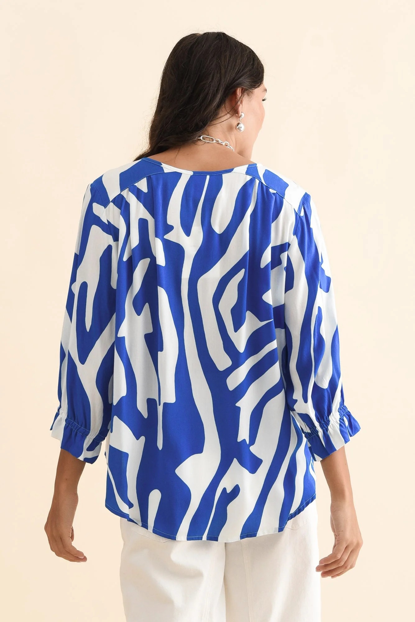 Lourdes Blue Geo Frill Sleeve Top - Image 4