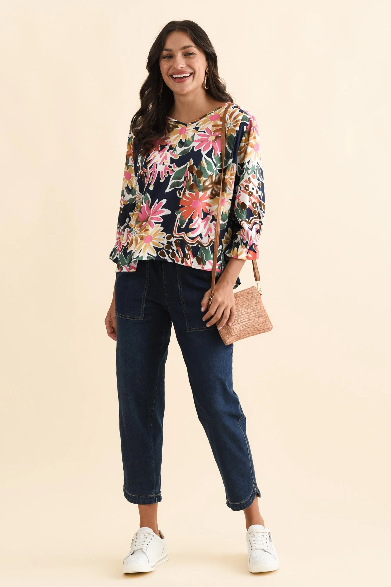 Lourdes Navy Floral Frill Sleeve Top - Image 2