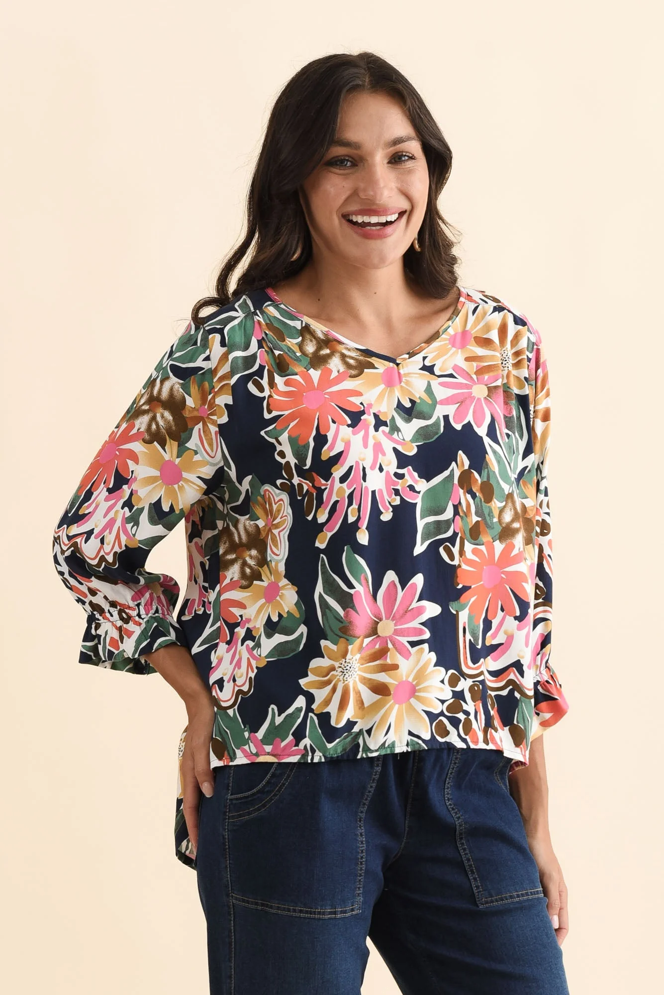 Lourdes Navy Floral Frill Sleeve Top - Image 3