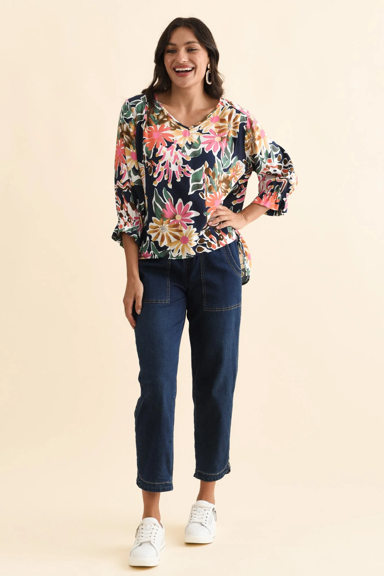 Lourdes Navy Floral Frill Sleeve Top - Image 6