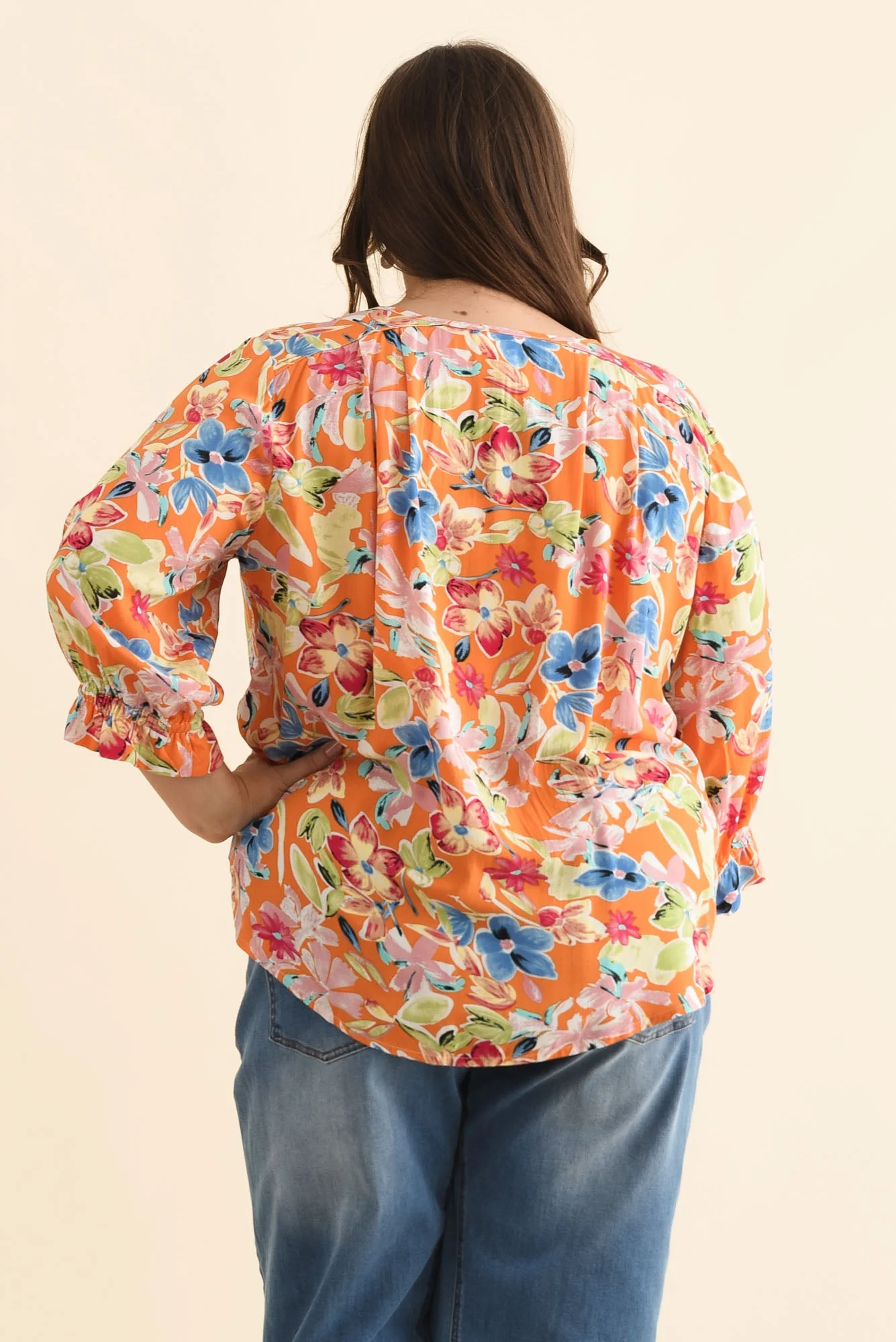 Lourdes Orange Floral Frill Sleeve Top - Image 11