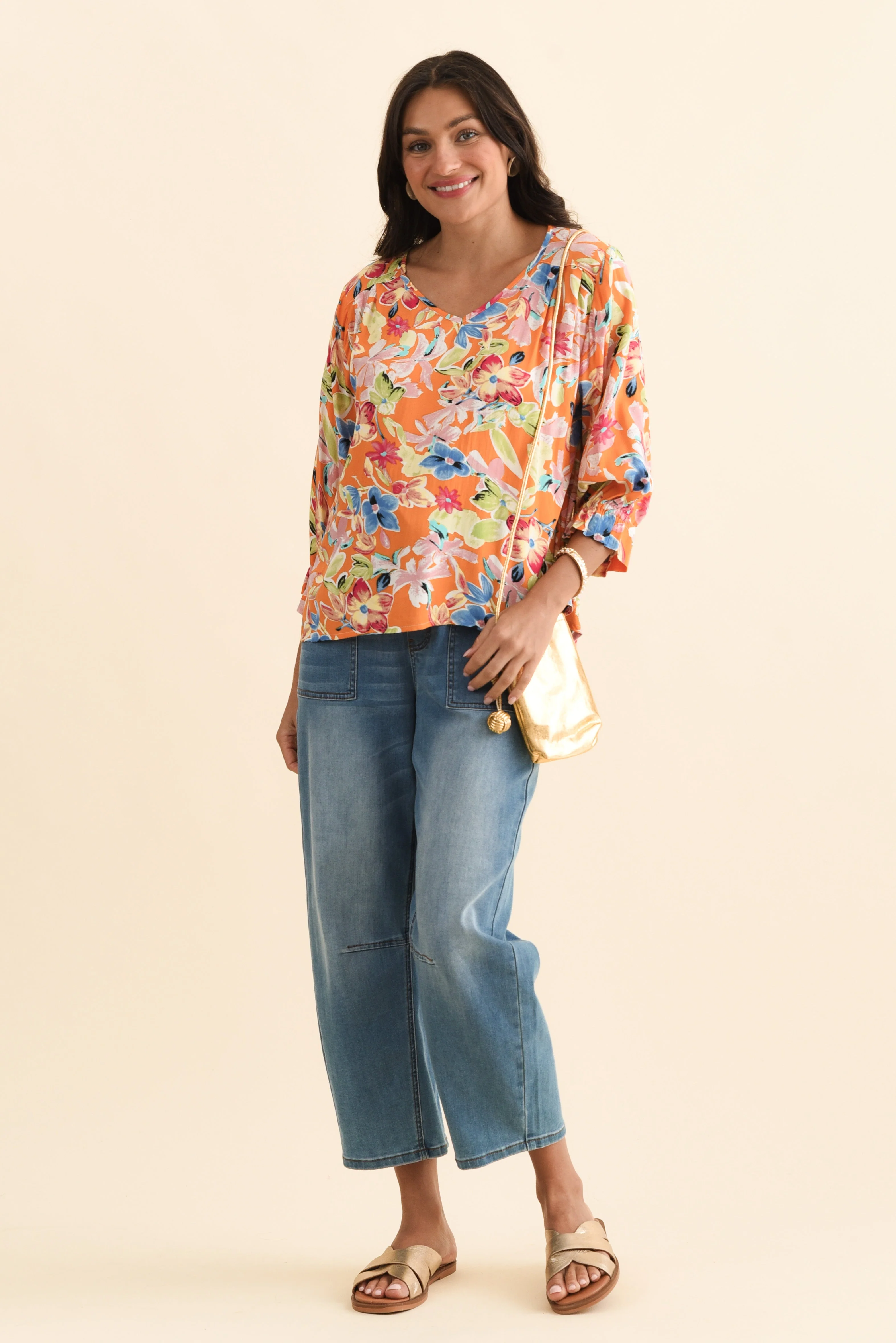 Lourdes Orange Floral Frill Sleeve Top - Image 3