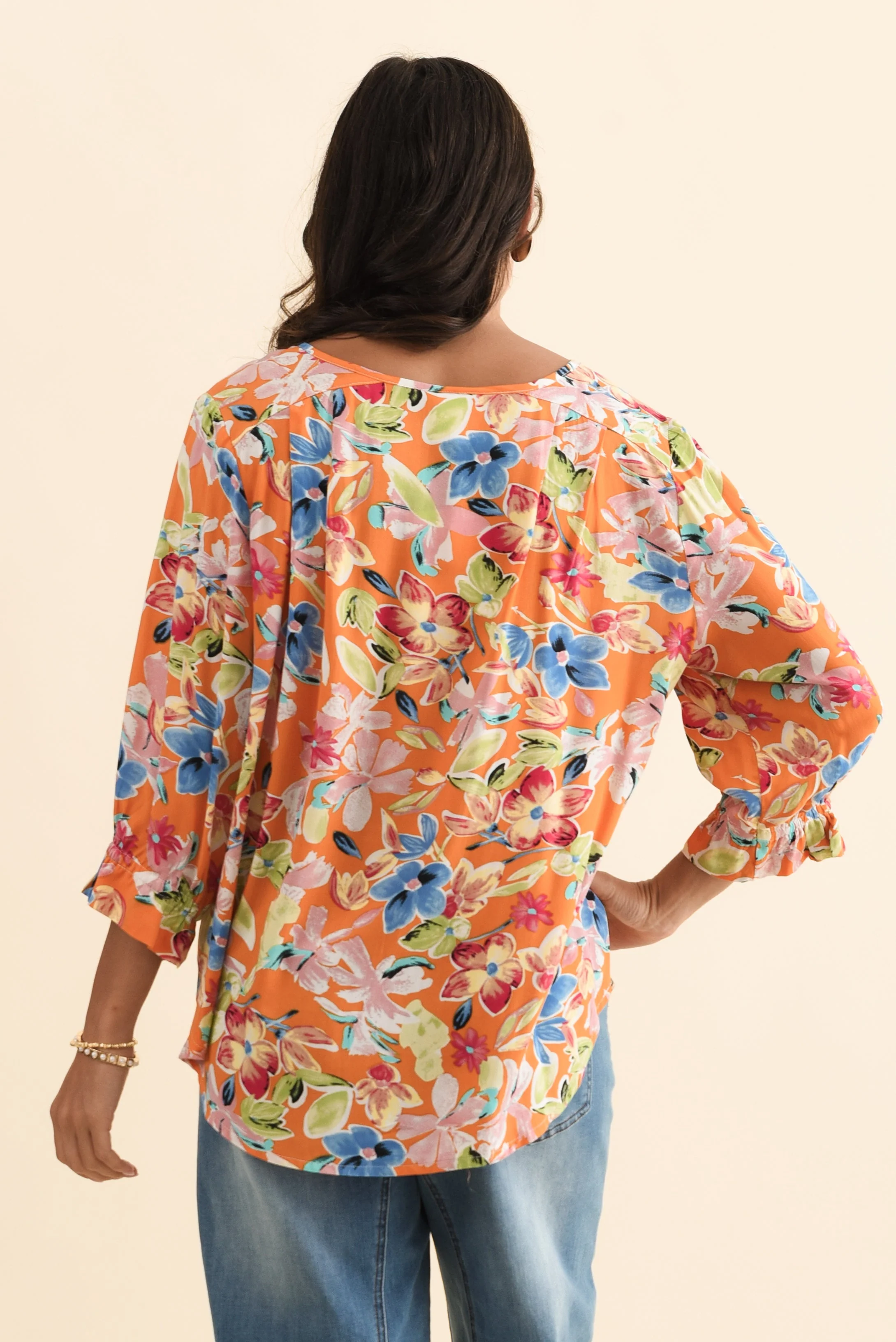 Lourdes Orange Floral Frill Sleeve Top - Image 5