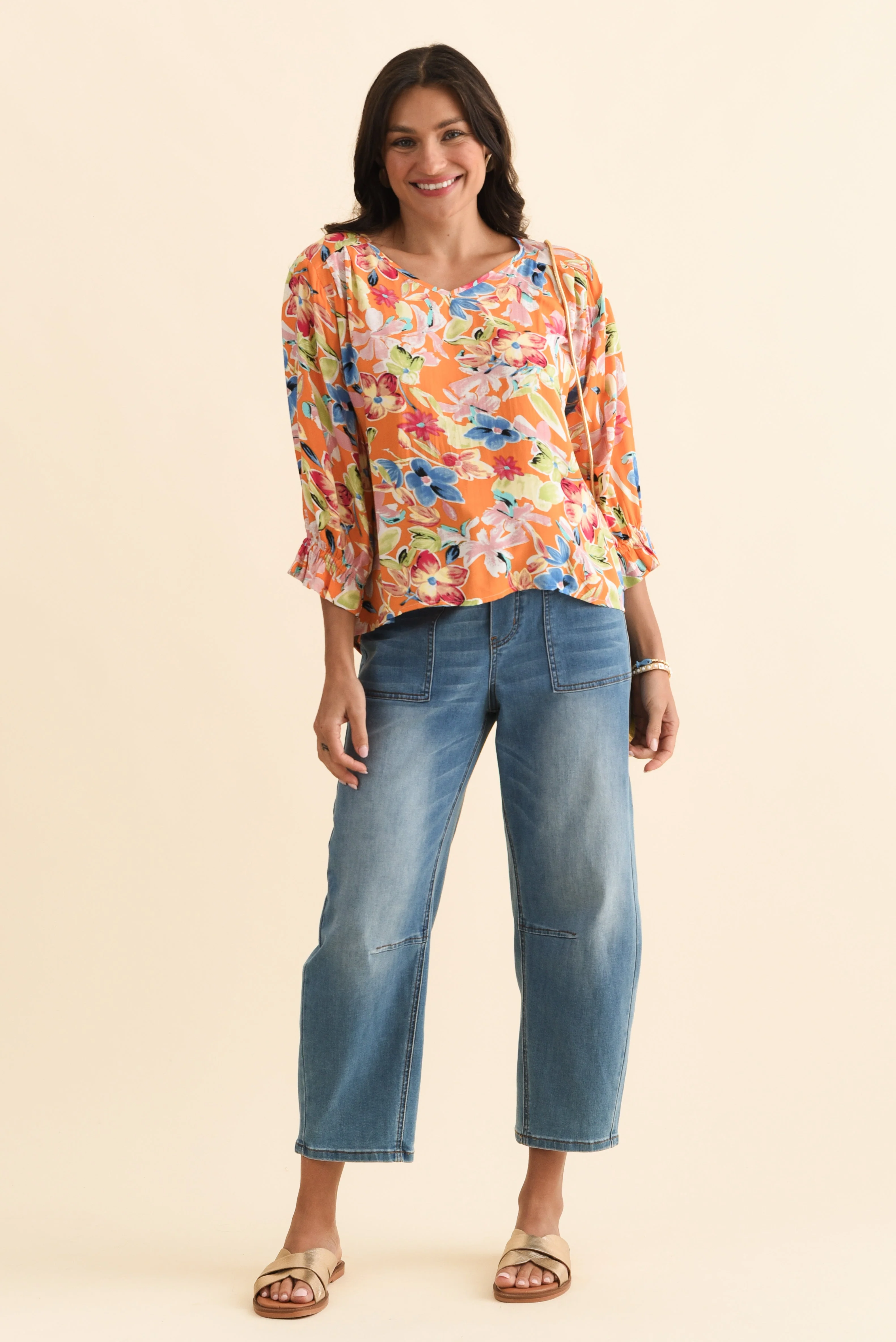 Lourdes Orange Floral Frill Sleeve Top - Image 7