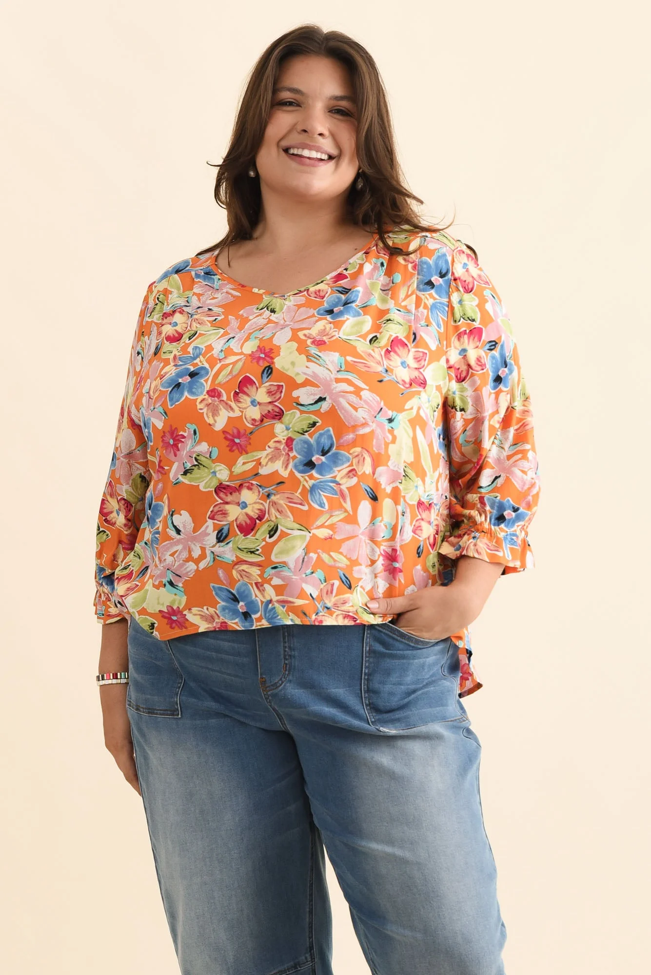 Lourdes Orange Floral Frill Sleeve Top - Image 8