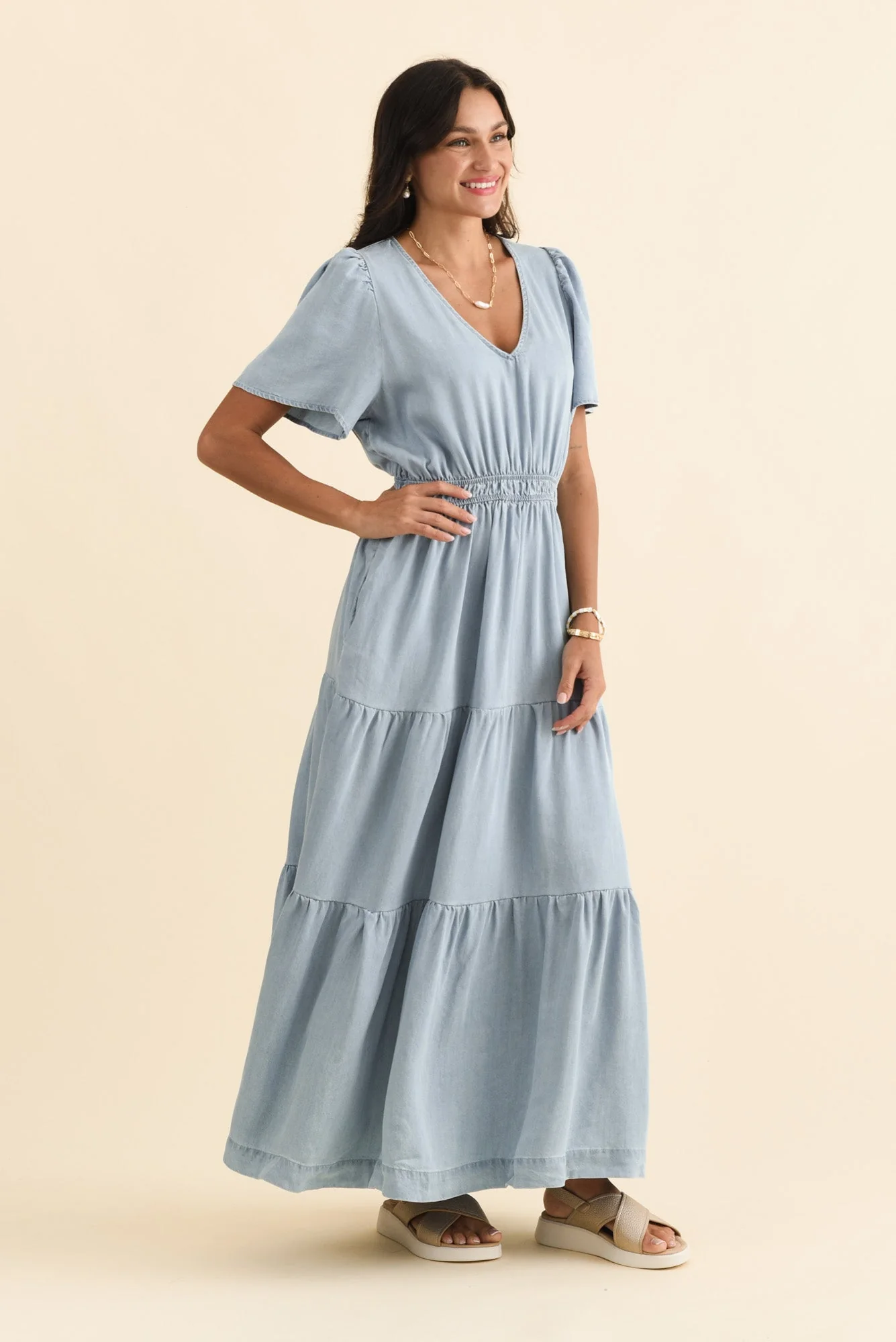 Luca Dark Blue Tencel Tier Dress - Image 4