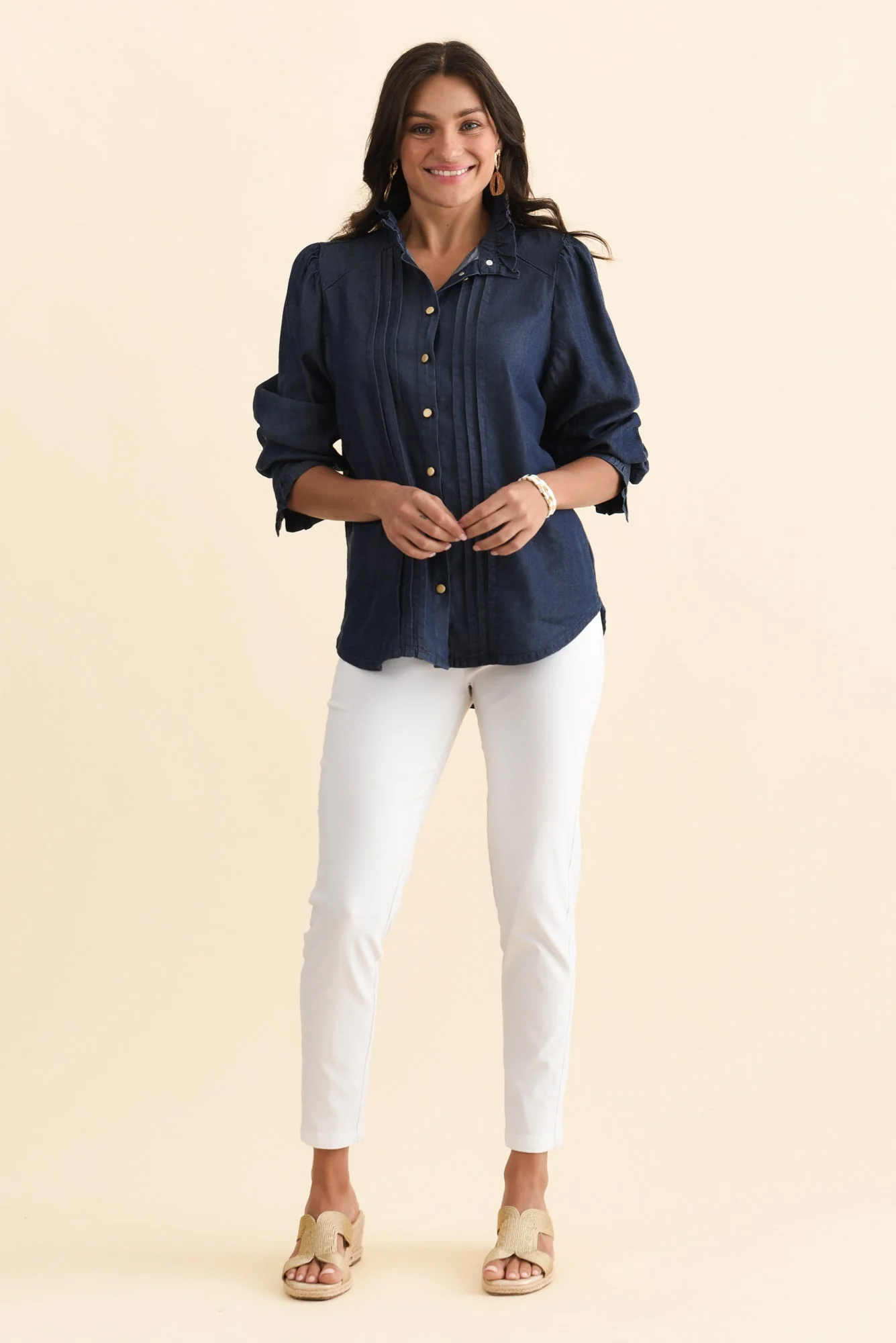 Lucille Dark Blue Lyocell Pleated Shirt - Image 2