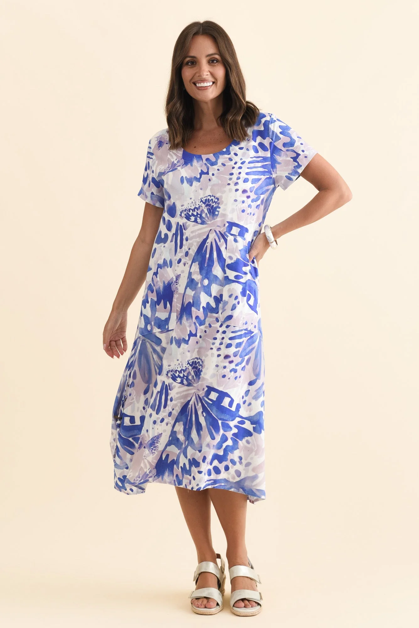Lula Cobalt Abstract Linen Cotton Dress - Image 7
