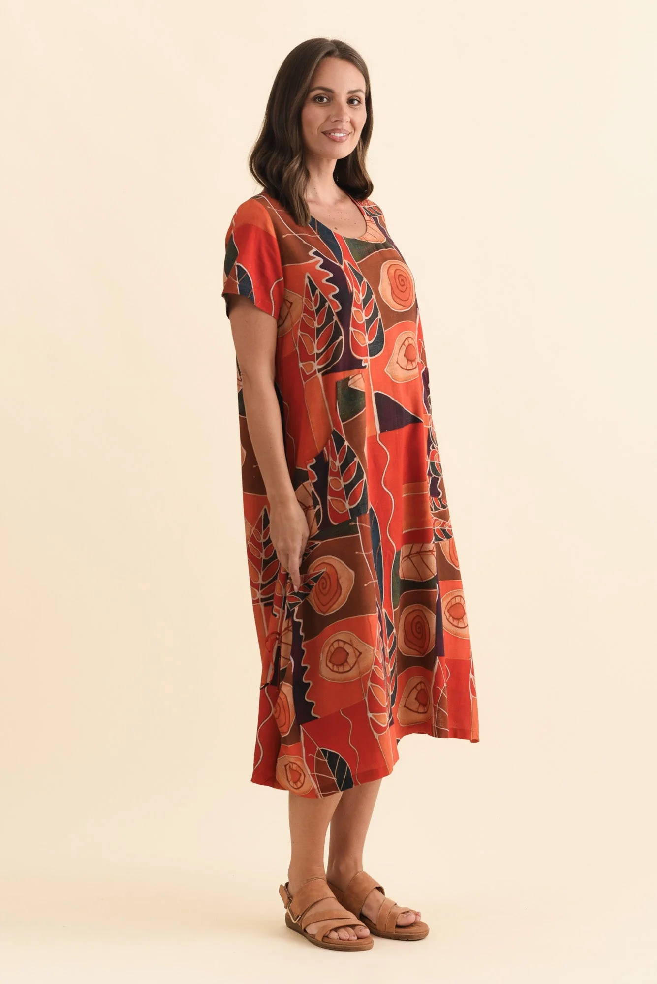 Lula Red Abstract Linen Cotton Dress - Image 3