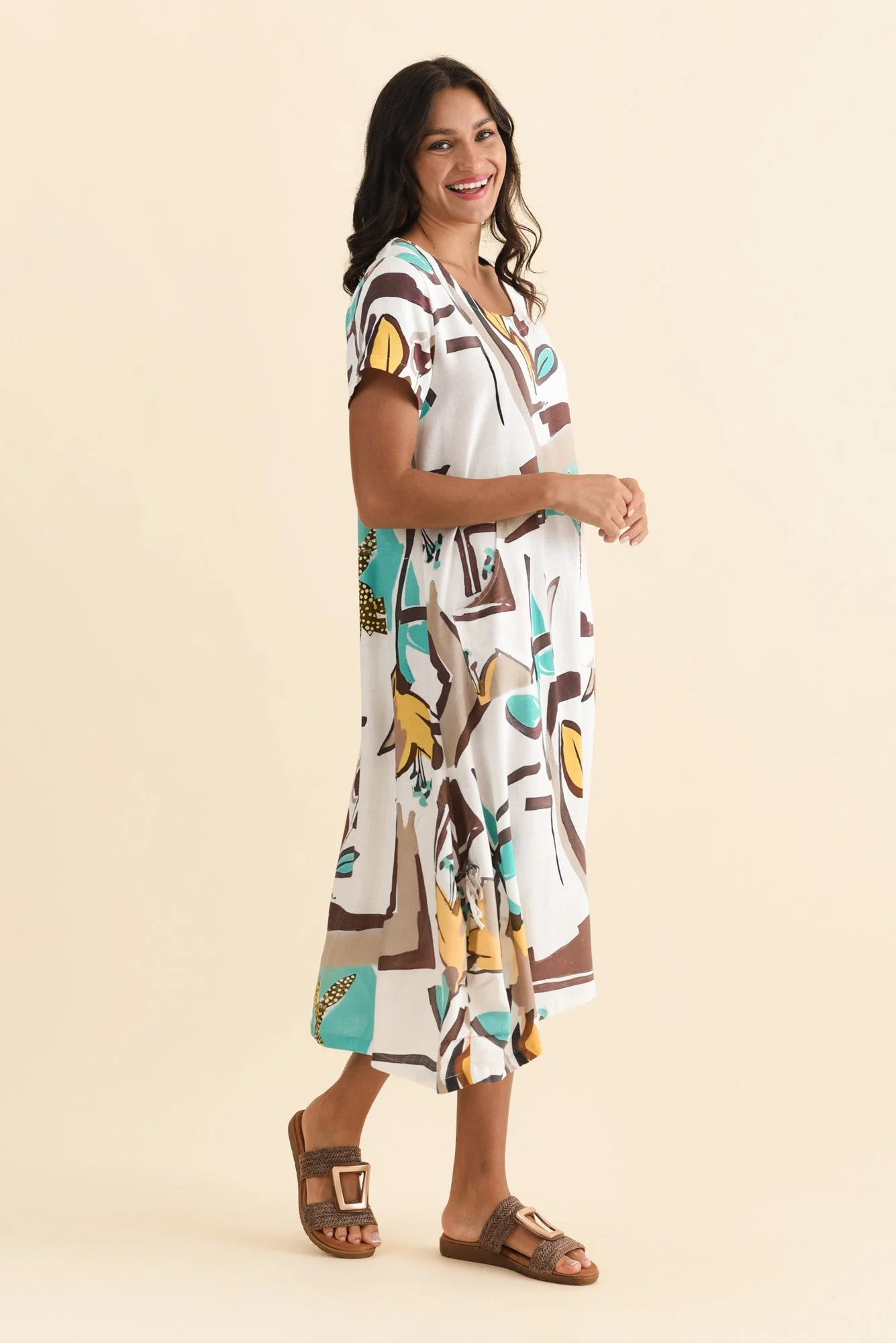 Lula White Abstract Linen Cotton Dress - Image 3