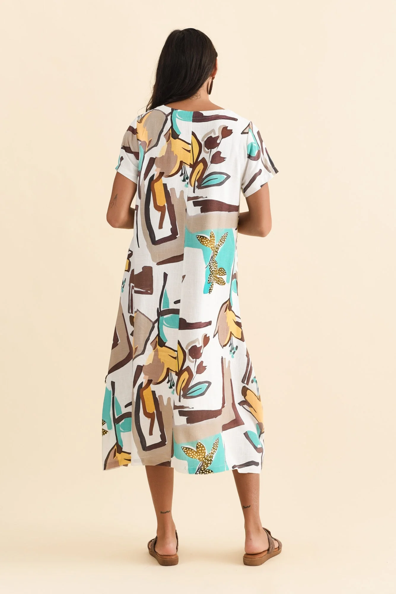 Lula White Abstract Linen Cotton Dress - Image 4