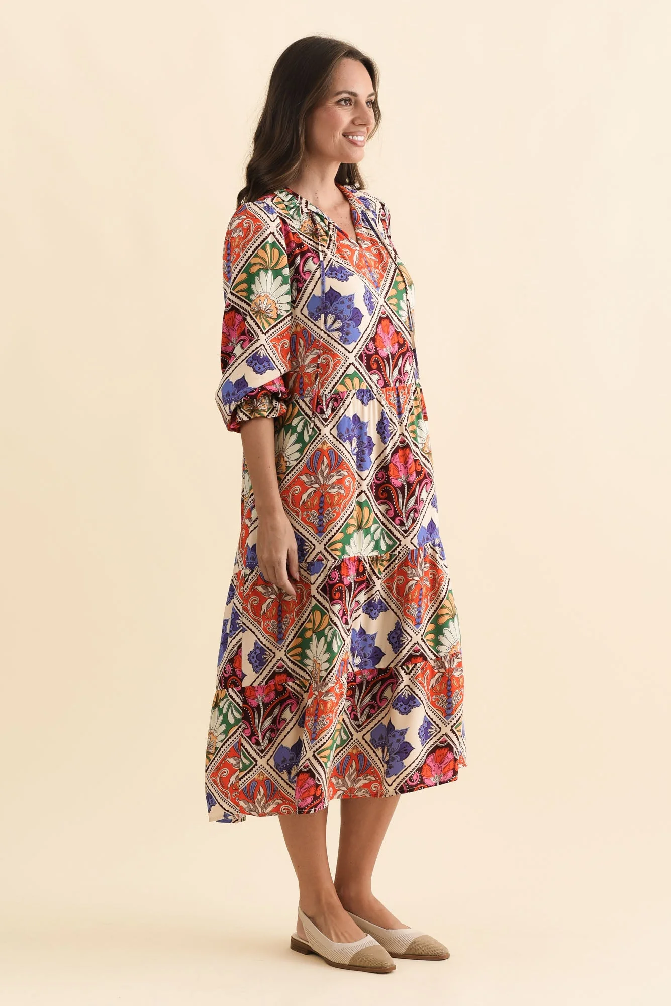 Lyon Orange Tile Sleeved Dress - Image 3