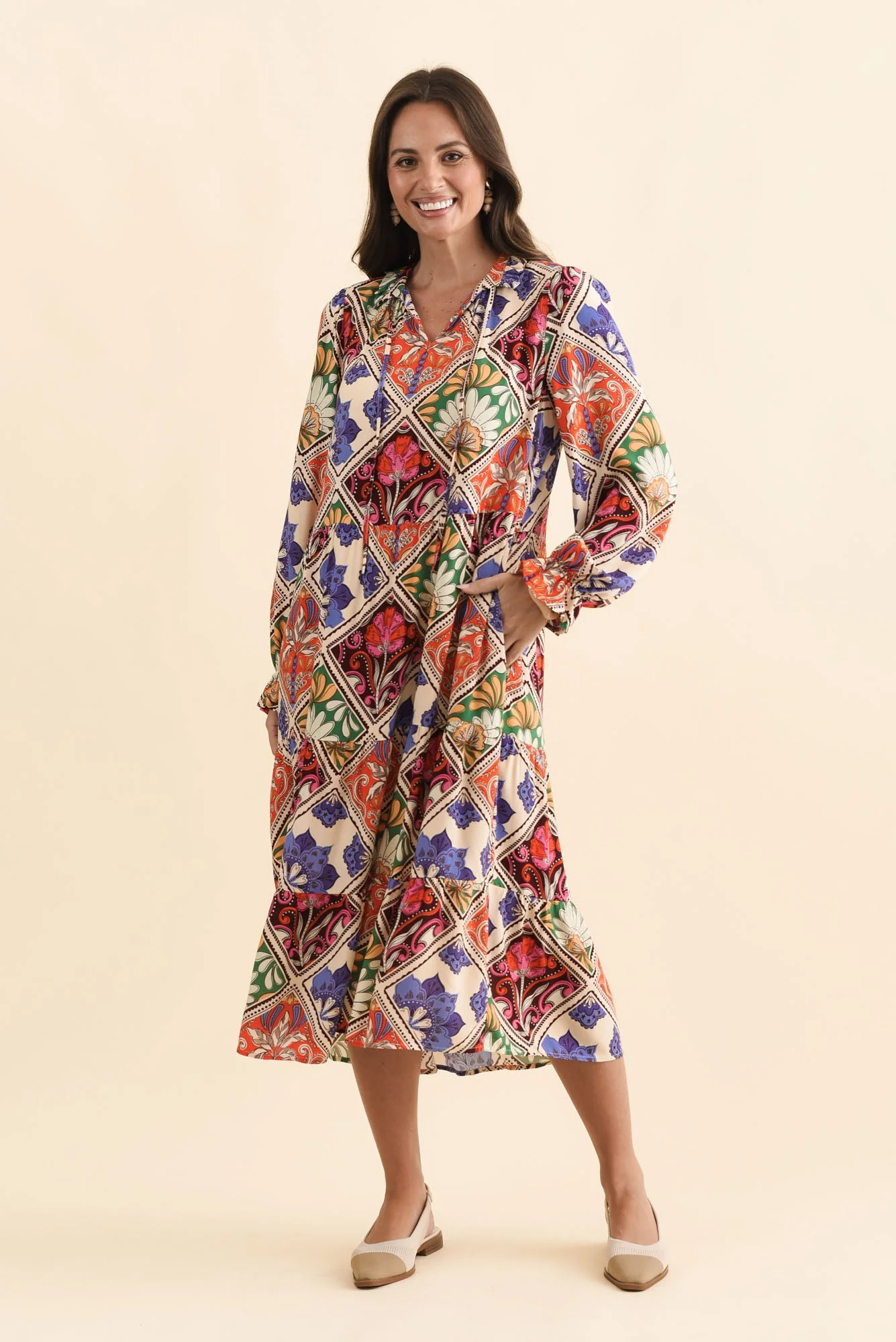 Lyon Orange Tile Sleeved Dress - Image 6