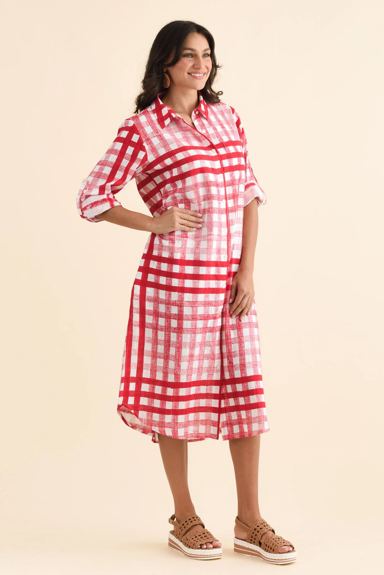Macaria Red Check Cotton Shirt Dress - Image 3