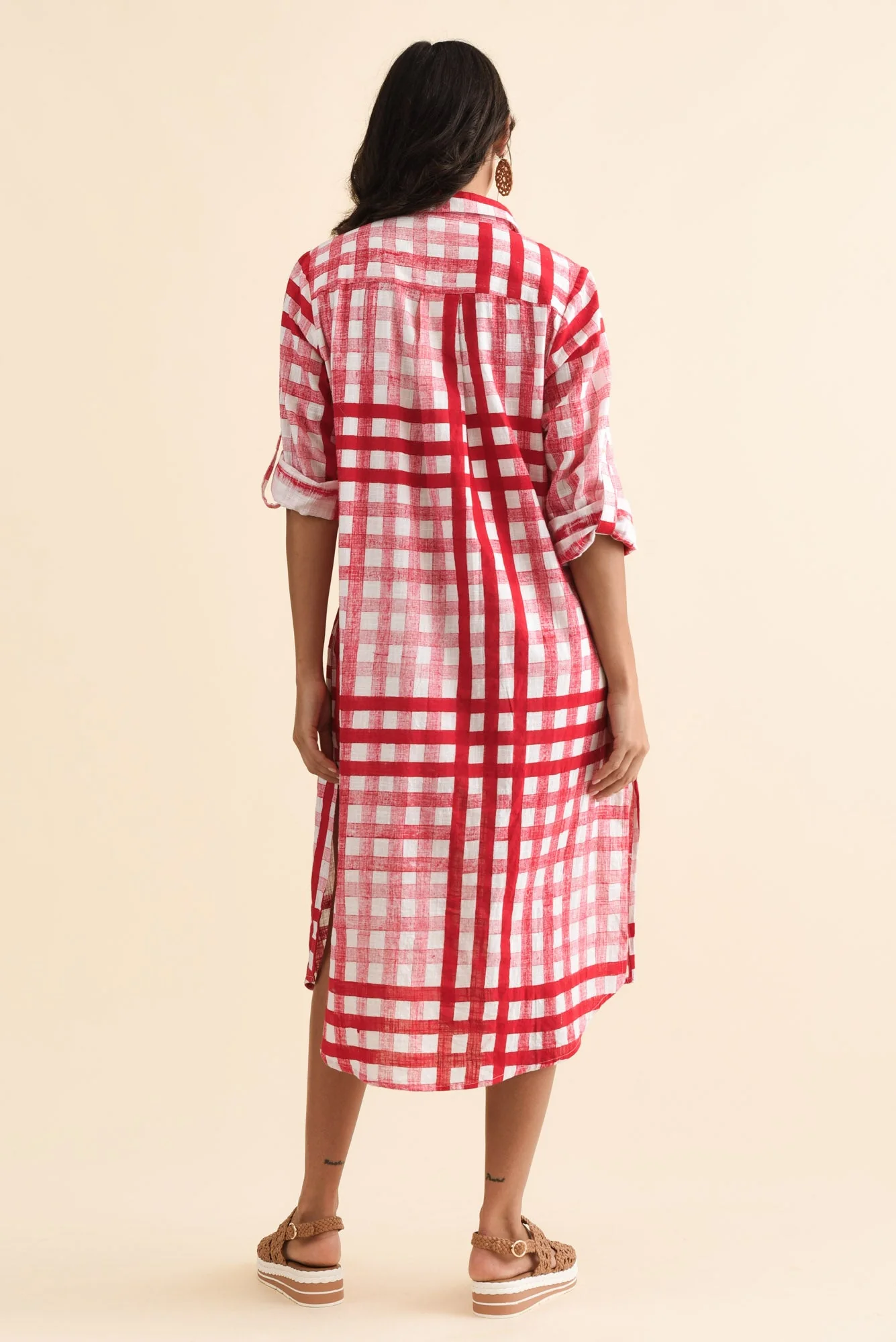 Macaria Red Check Cotton Shirt Dress - Image 4