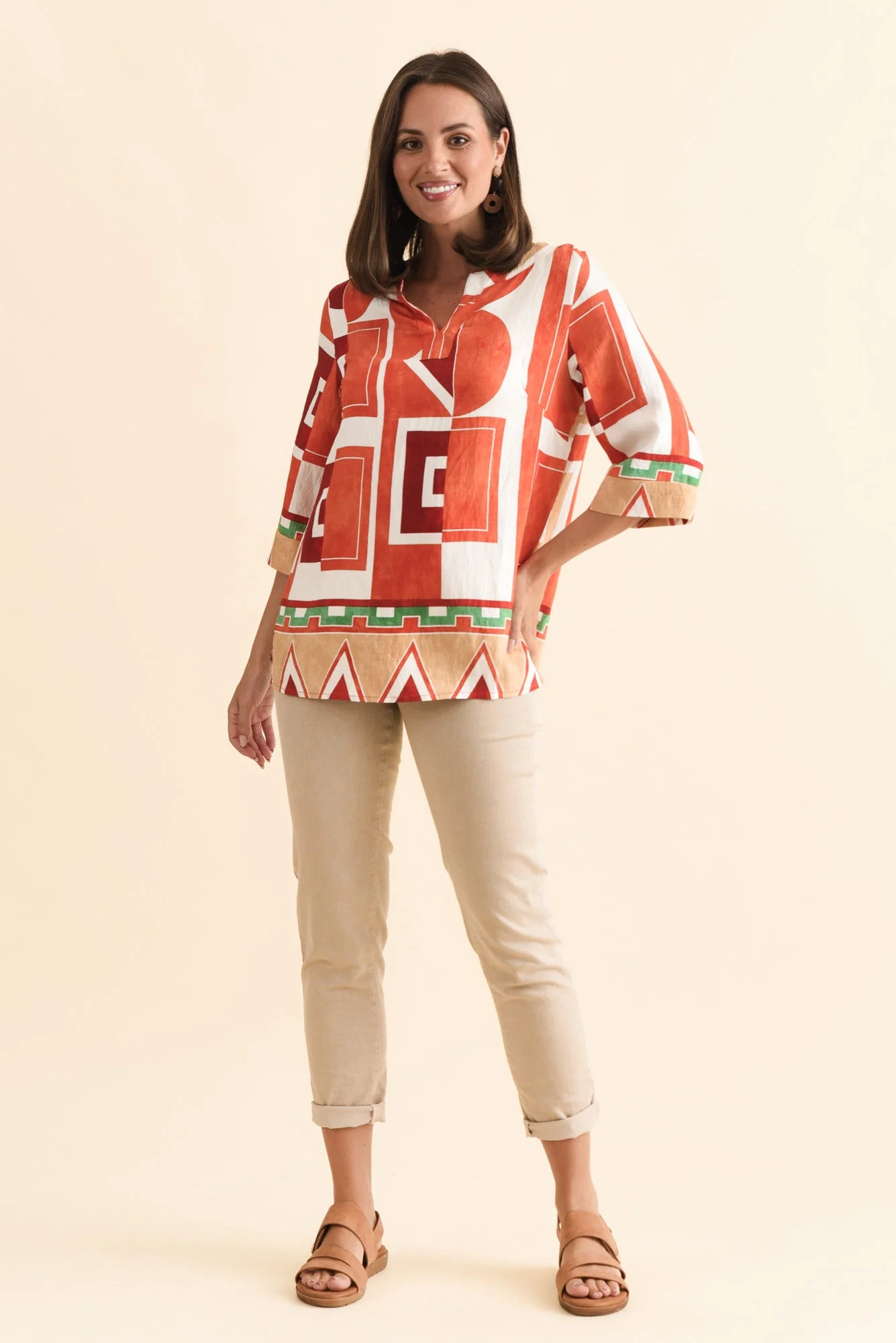 Maddox Orange Geo Cotton Blend Top - Image 2