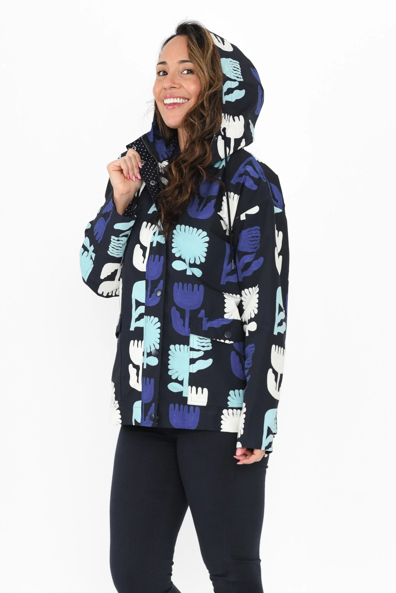 Madeleine Navy Floral Hooded Raincoat - Image 3