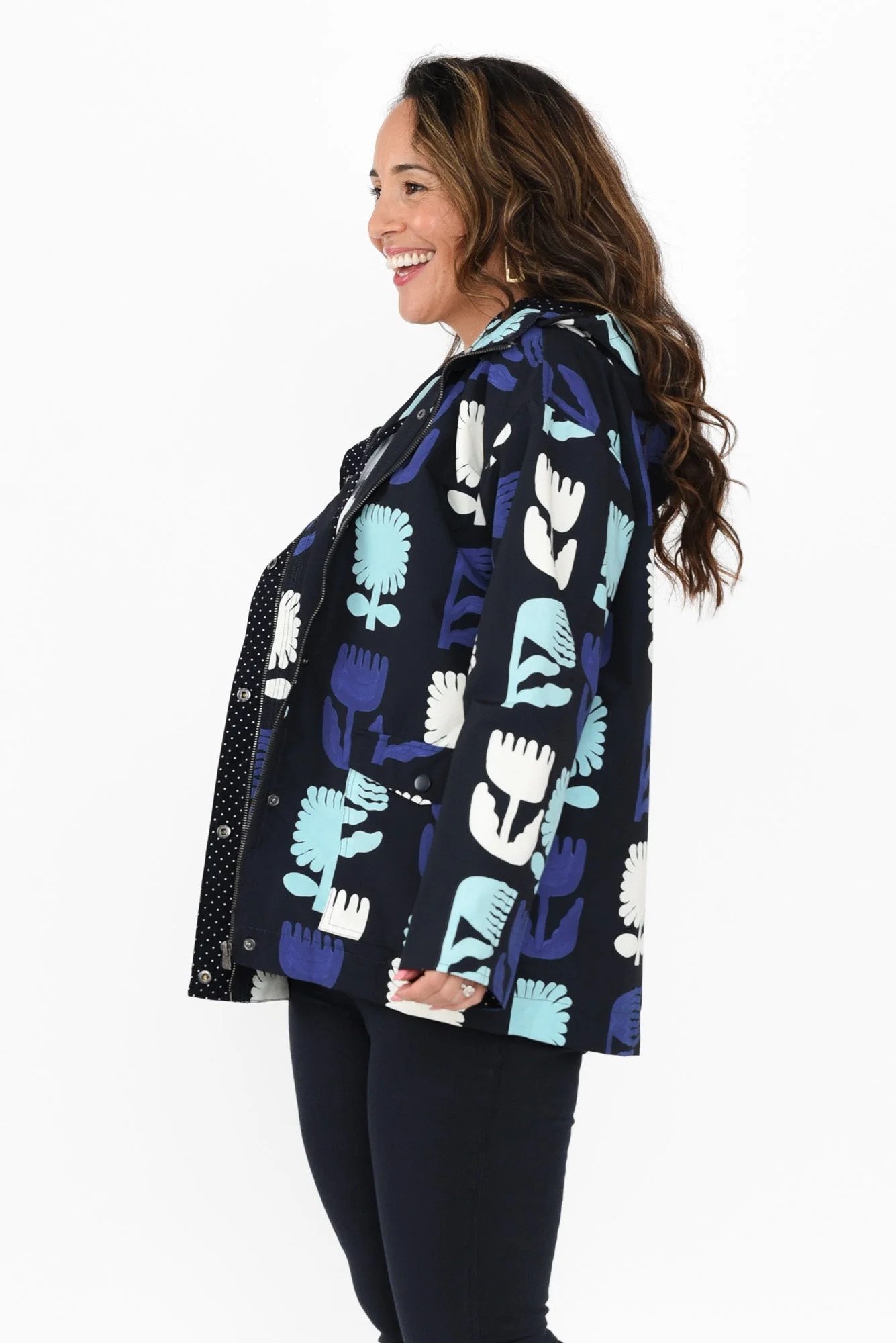 Madeleine Navy Floral Hooded Raincoat - Image 4