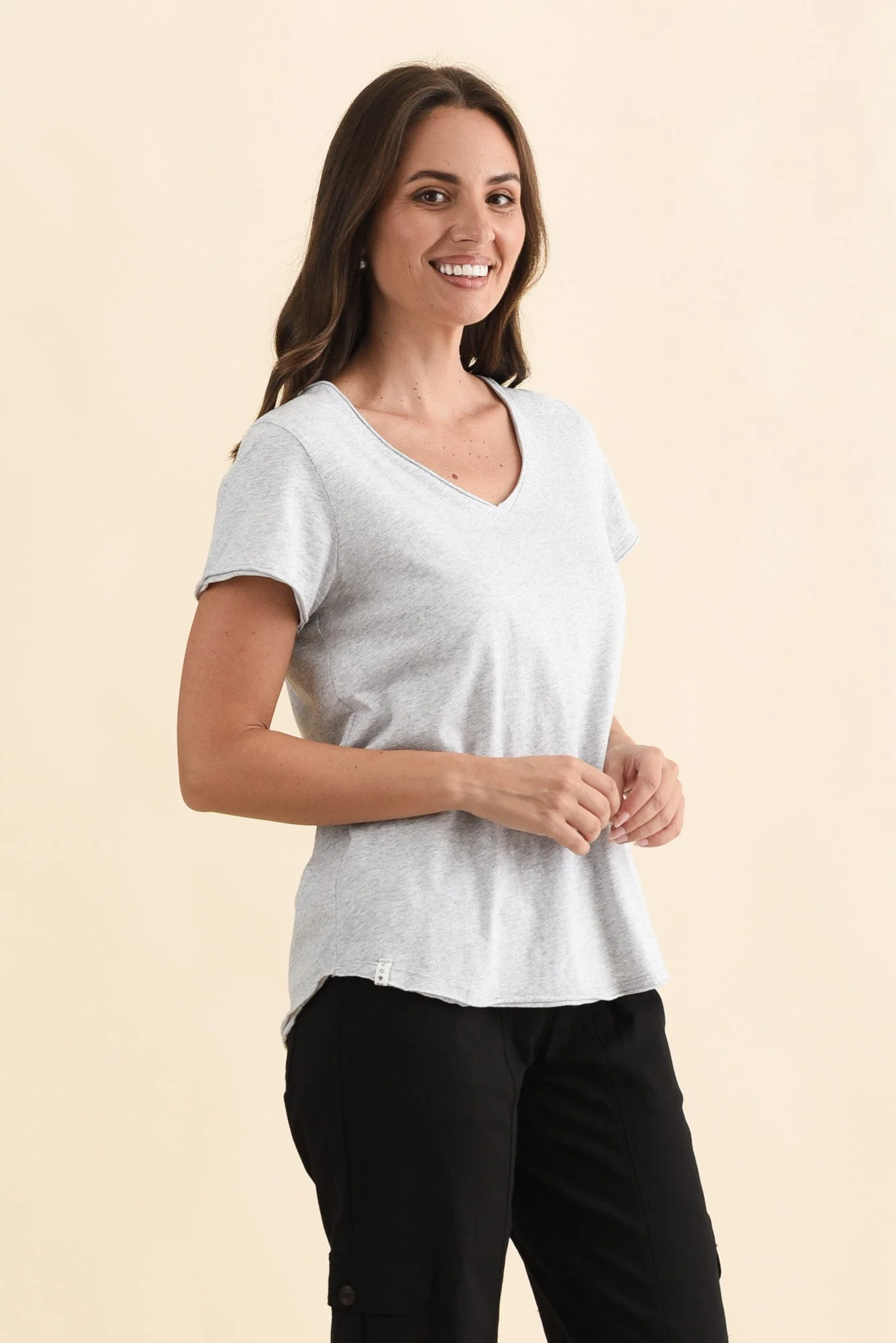 Maggie Grey Cotton Vee Tee - Image 3