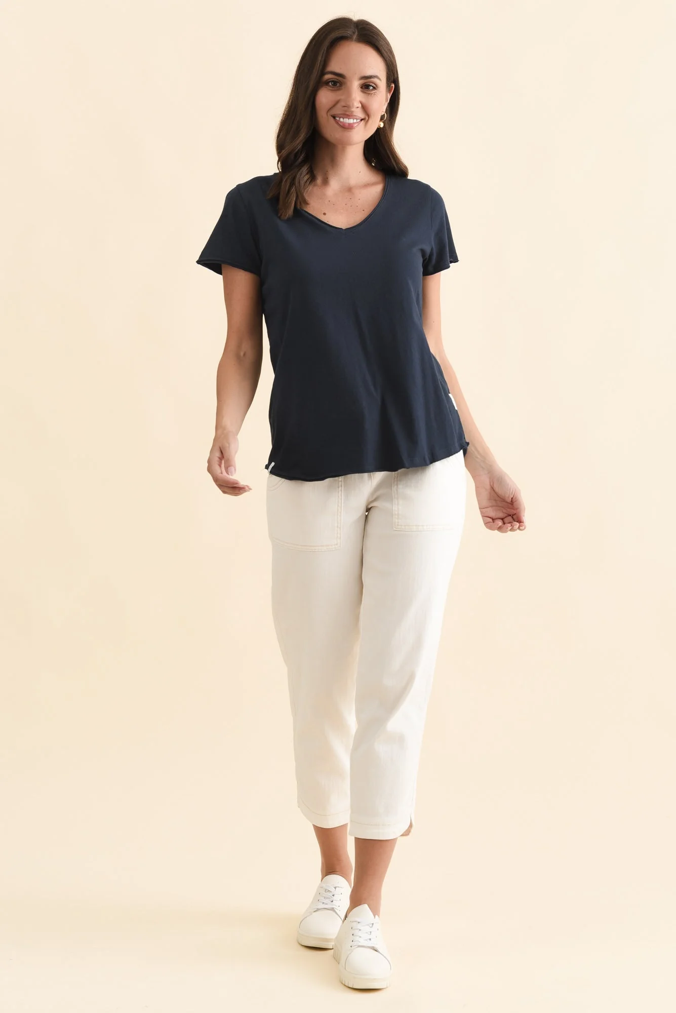 Maggie Navy Cotton Vee Tee - Image 2