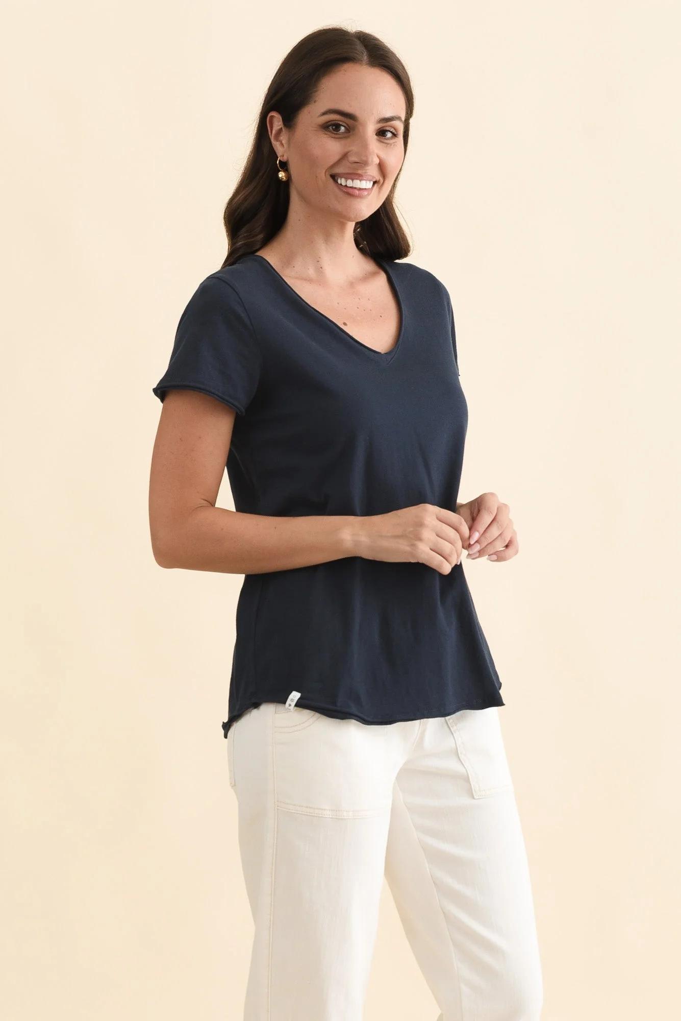 Maggie Navy Cotton Vee Tee - Image 3