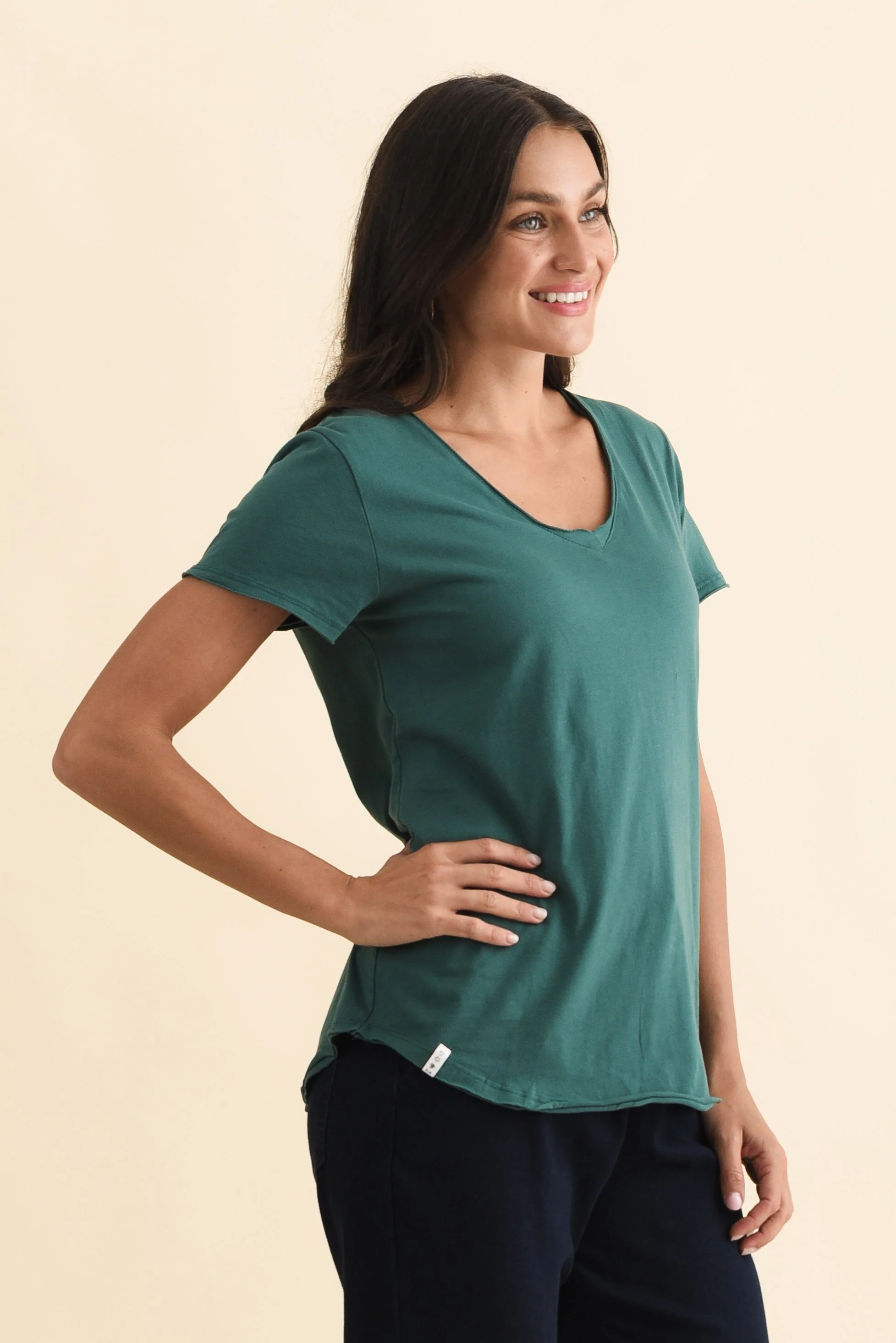 Maggie Teal Cotton Vee Tee - Image 3