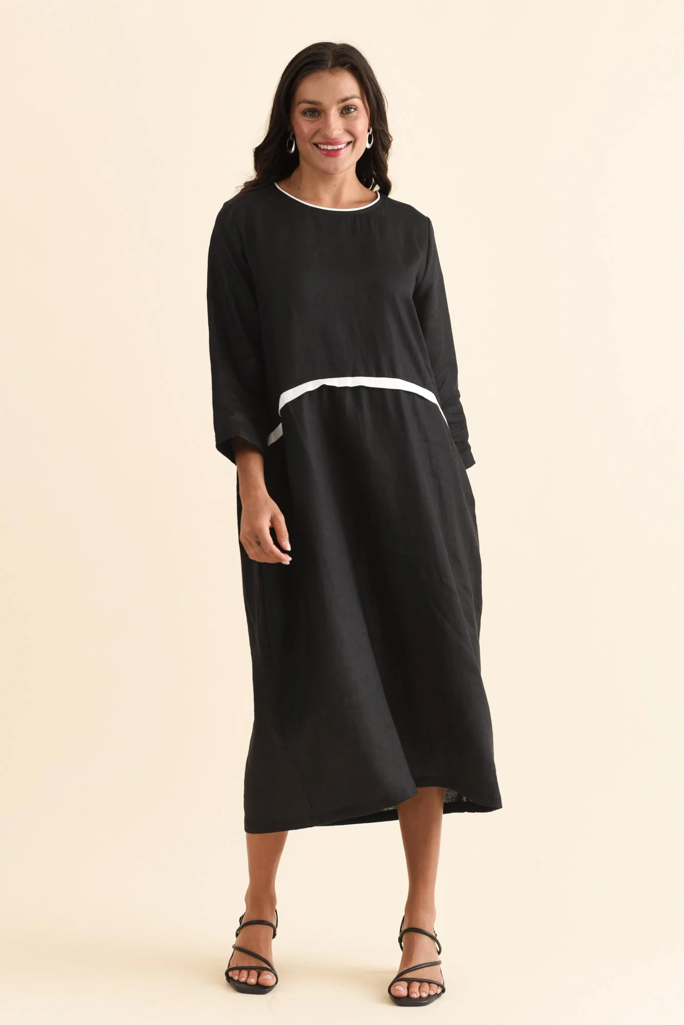 Mariam Black Contrast Linen Dress - Image 3