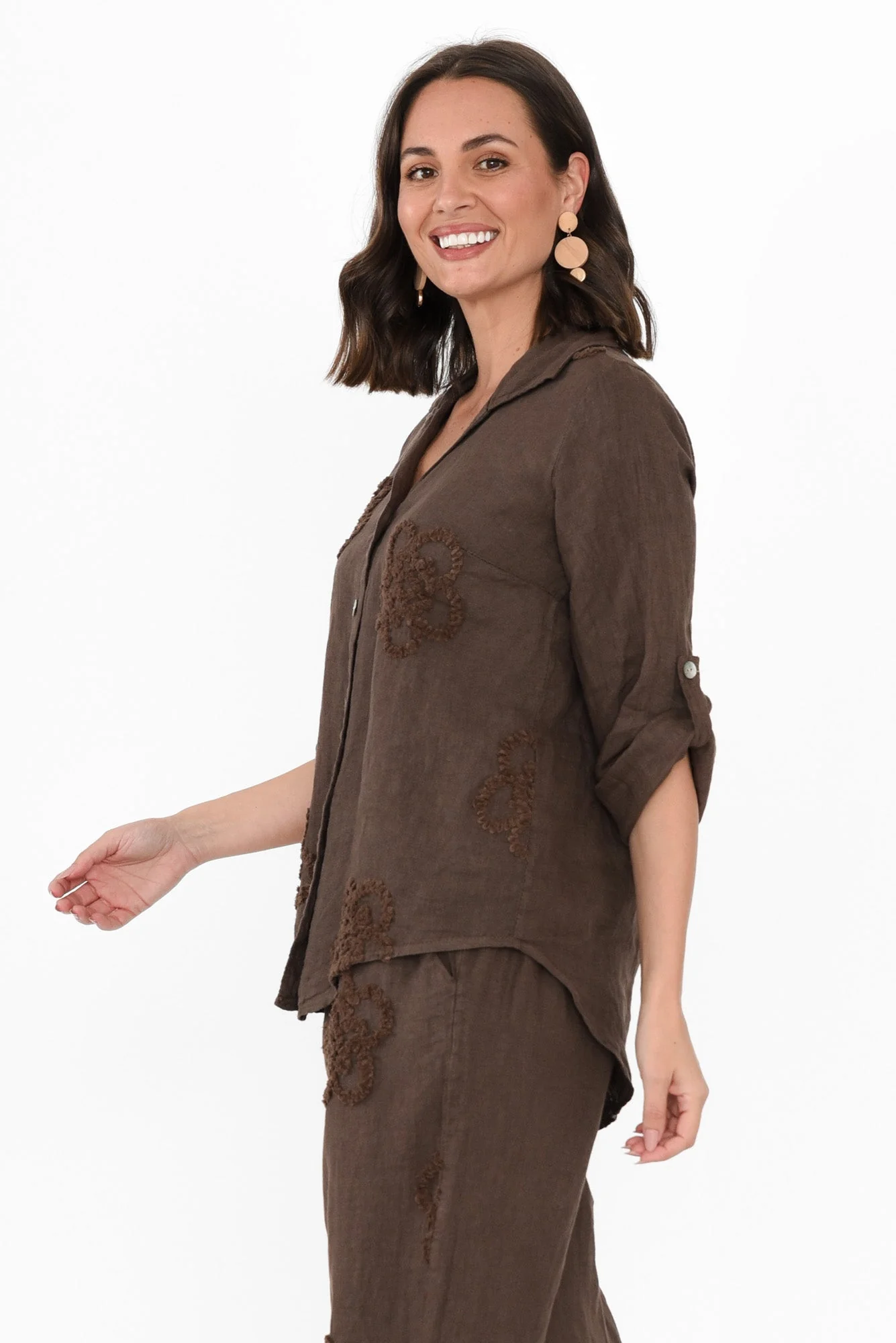 Maribel Chocolate Flower Linen Shirt - Image 3
