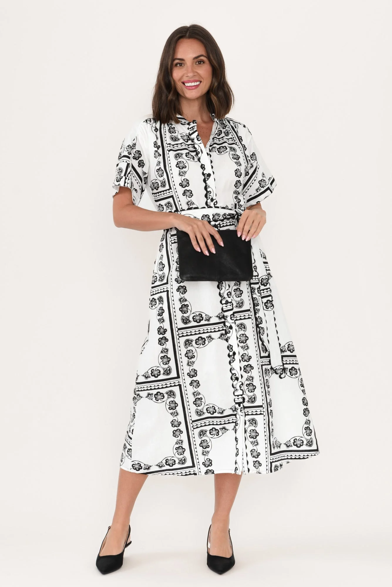 Marilyn White Tile Cotton Tie Dress - Image 2