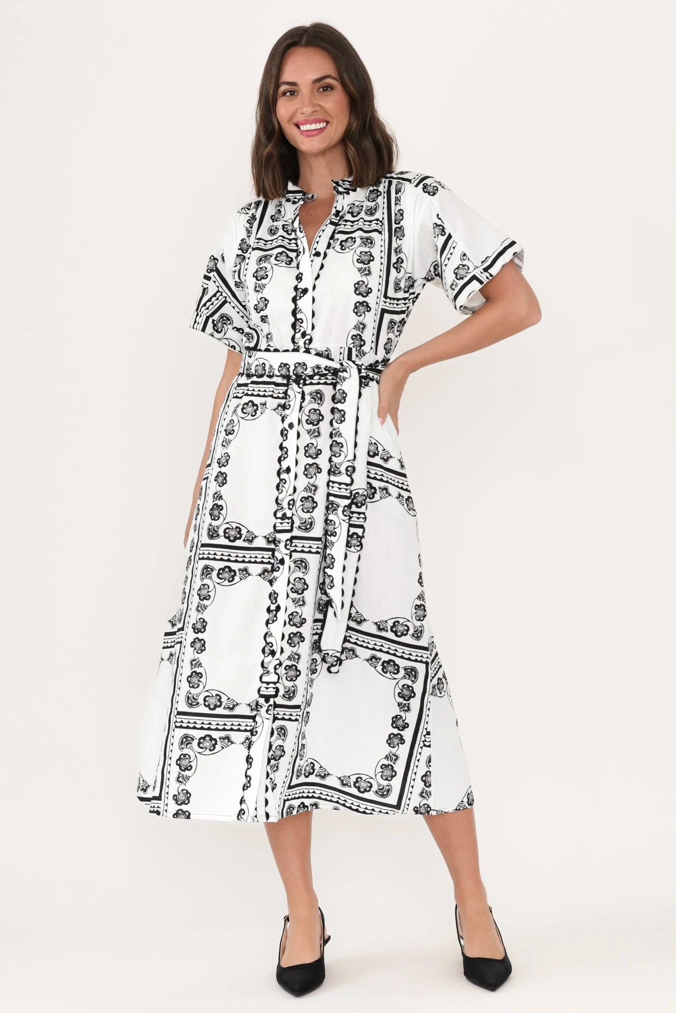 Marilyn White Tile Cotton Tie Dress - Image 3