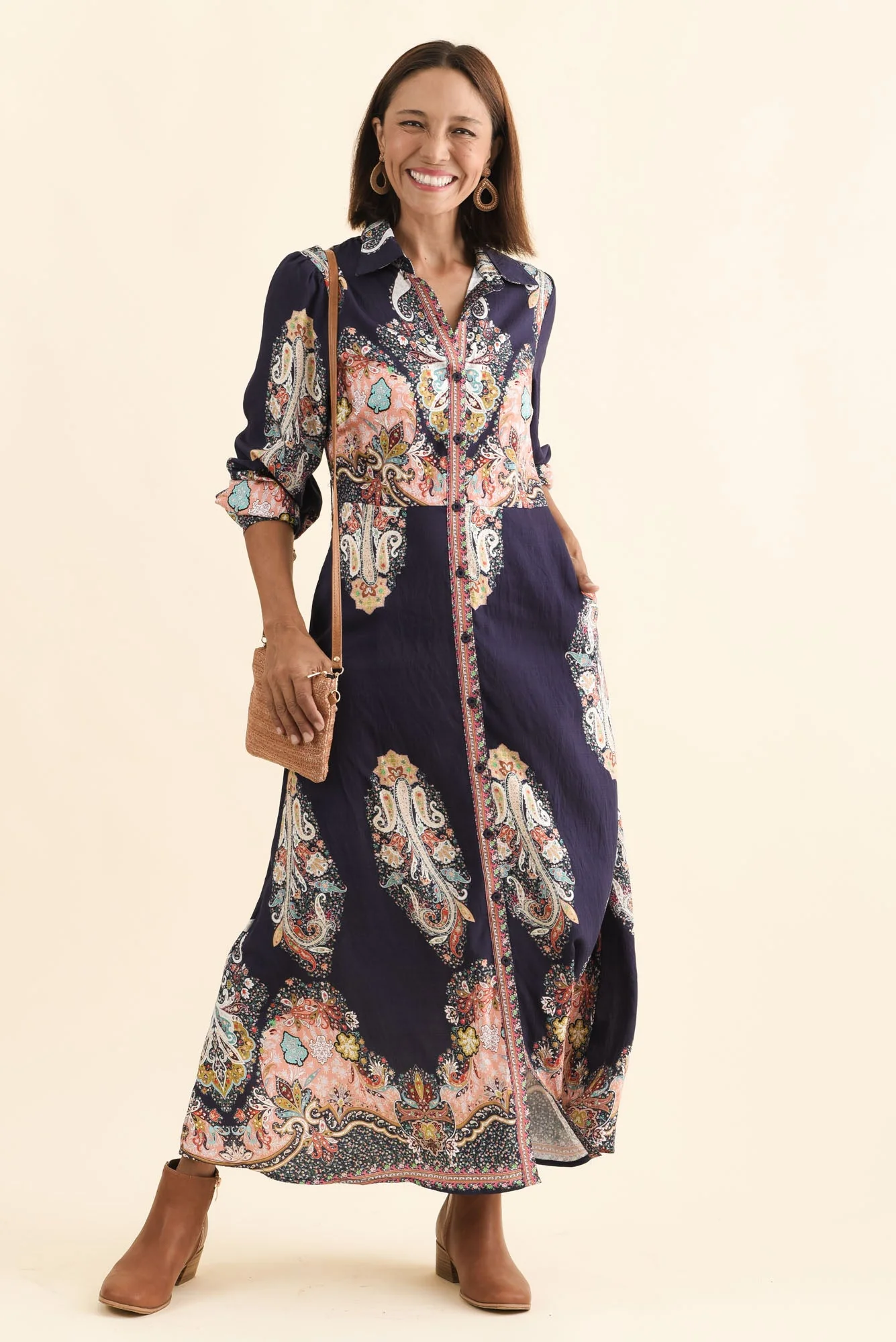 Marina Navy Mosaic Linen Cotton Dress - Image 2