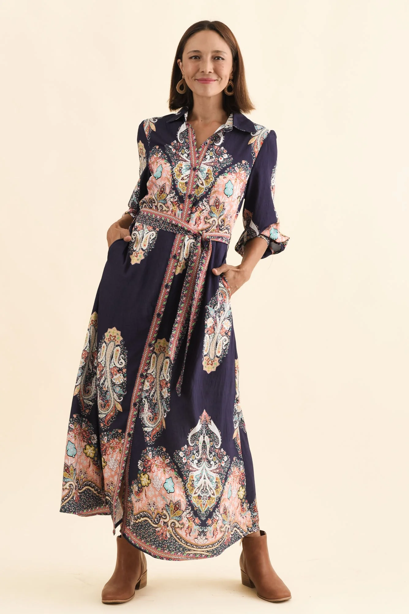 Marina Navy Mosaic Linen Cotton Dress - Image 3