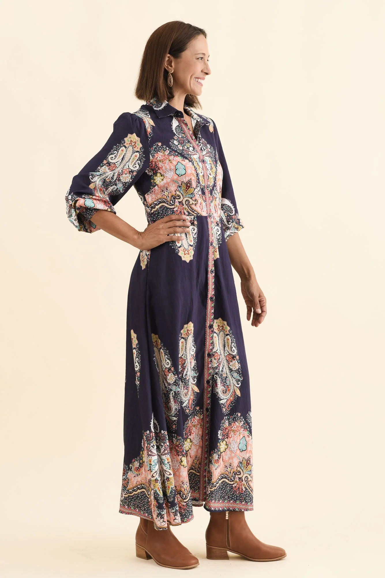 Marina Navy Mosaic Linen Cotton Dress - Image 4