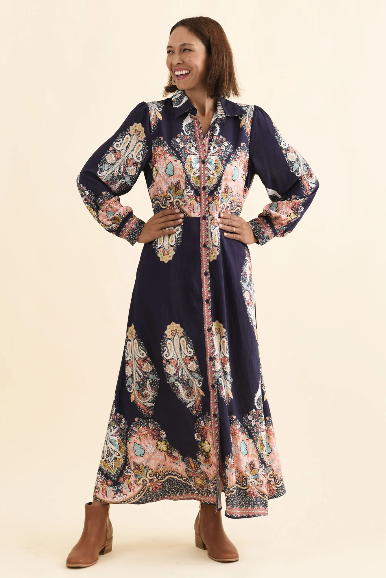 Marina Navy Mosaic Linen Cotton Dress - Image 7