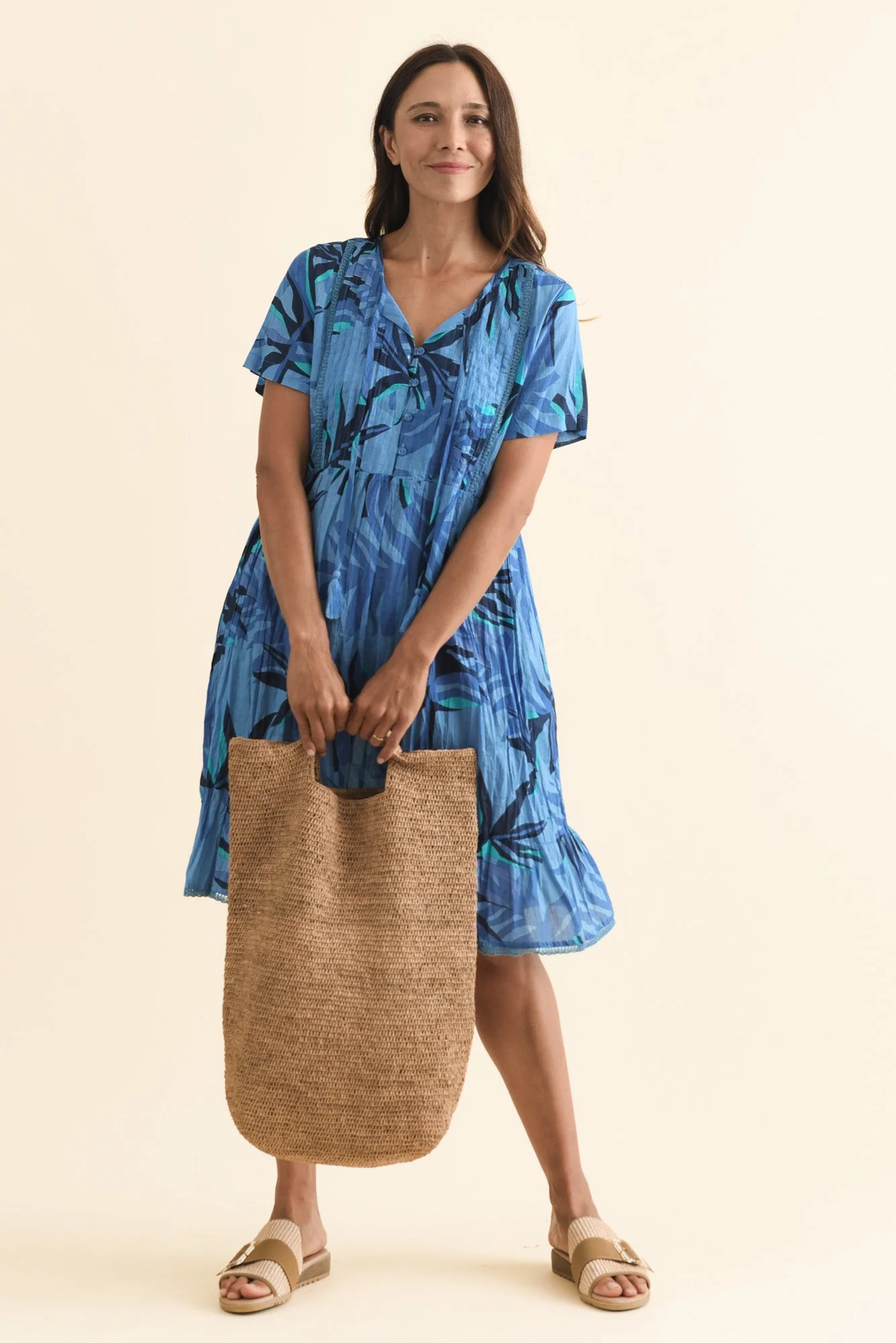 Marisol Blue Leaf Crinkle Cotton Dress - Image 2