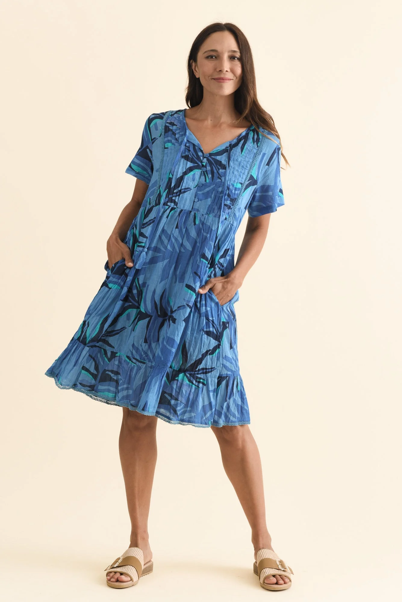 Marisol Blue Leaf Crinkle Cotton Dress - Image 3