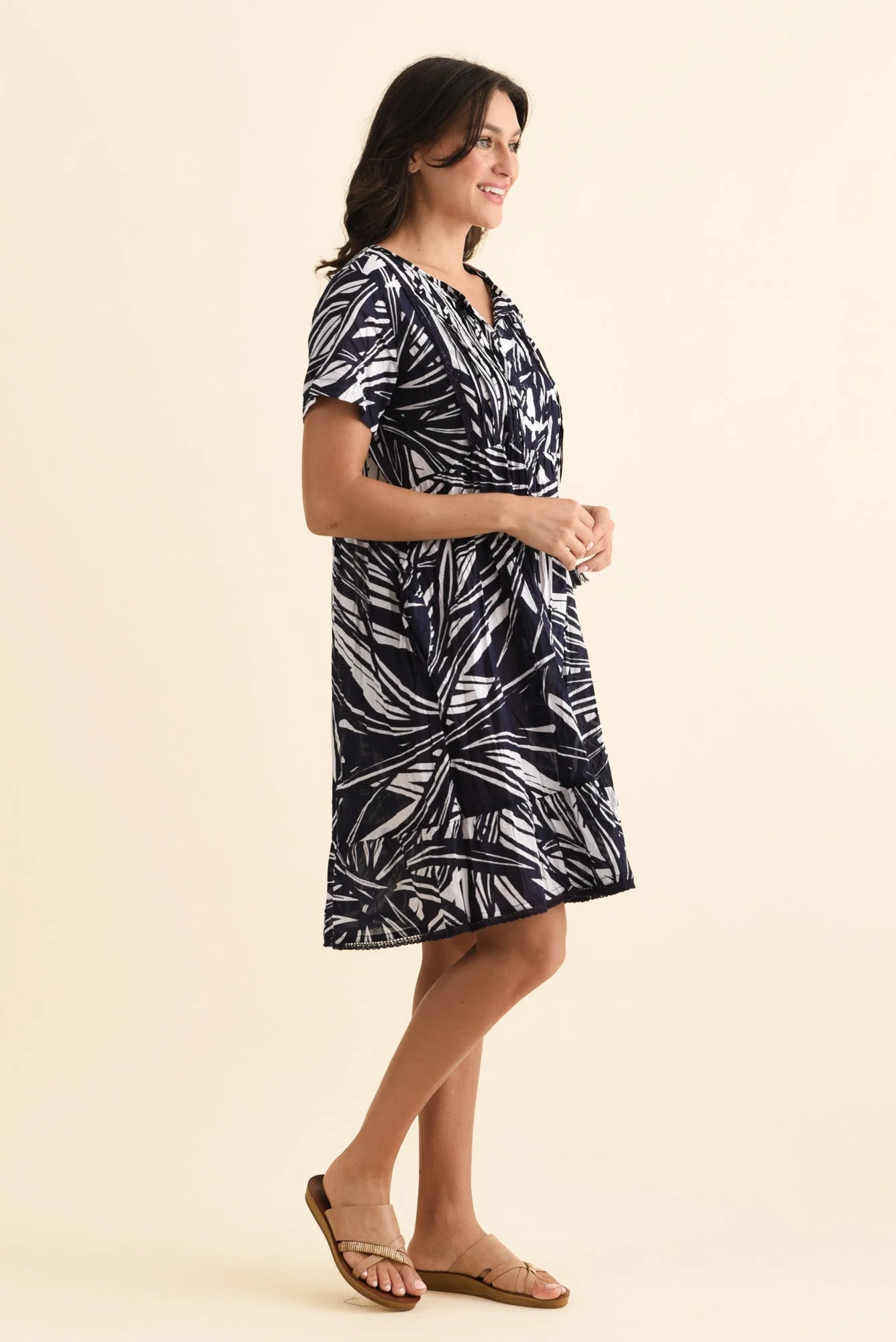 Marisol Navy Foliage Crinkle Cotton Dress - Image 3