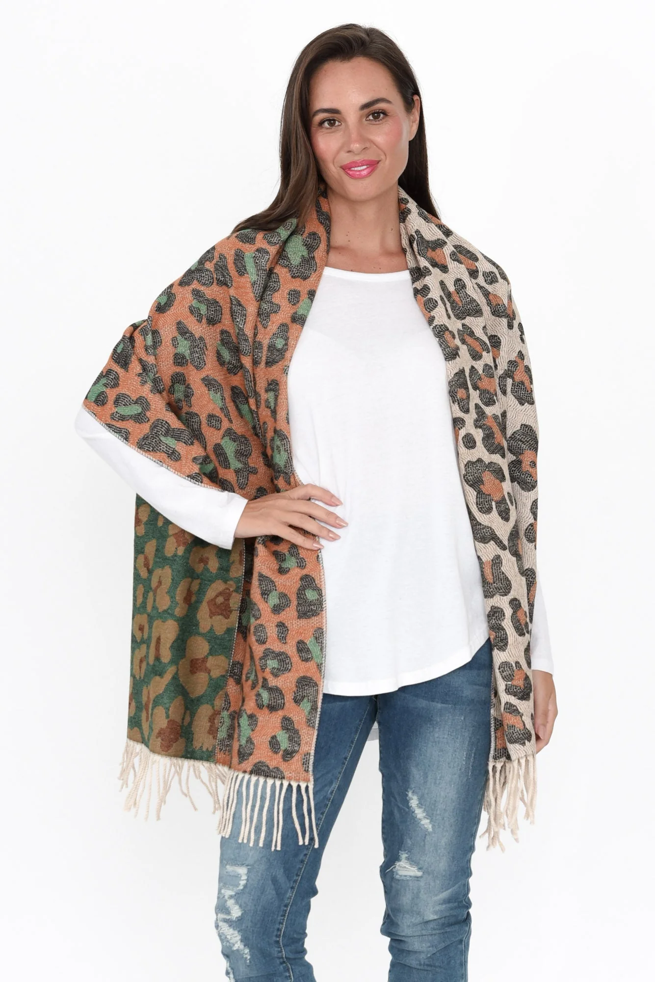 Marwa Orange Leopard Tassel Scarf - Image 2