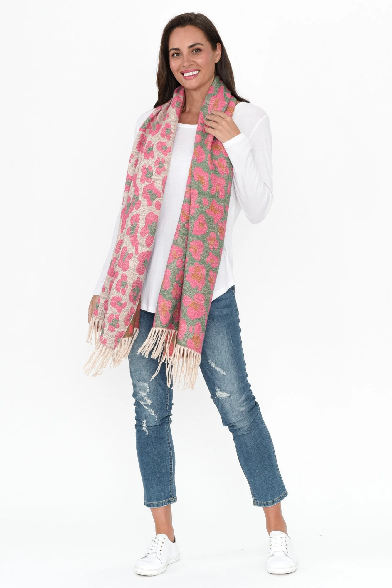 Marwa Pink Leopard Tassel Scarf - Image 2