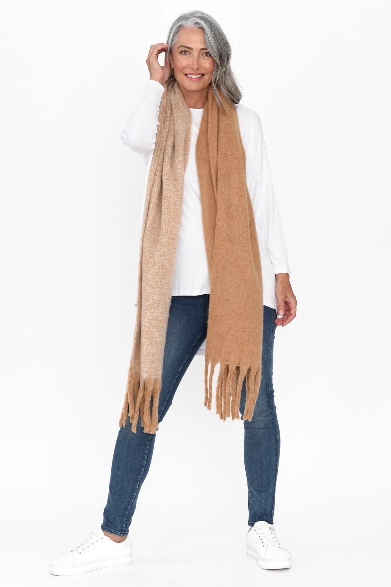 Matilda Taupe Tassel Scarf - Image 2